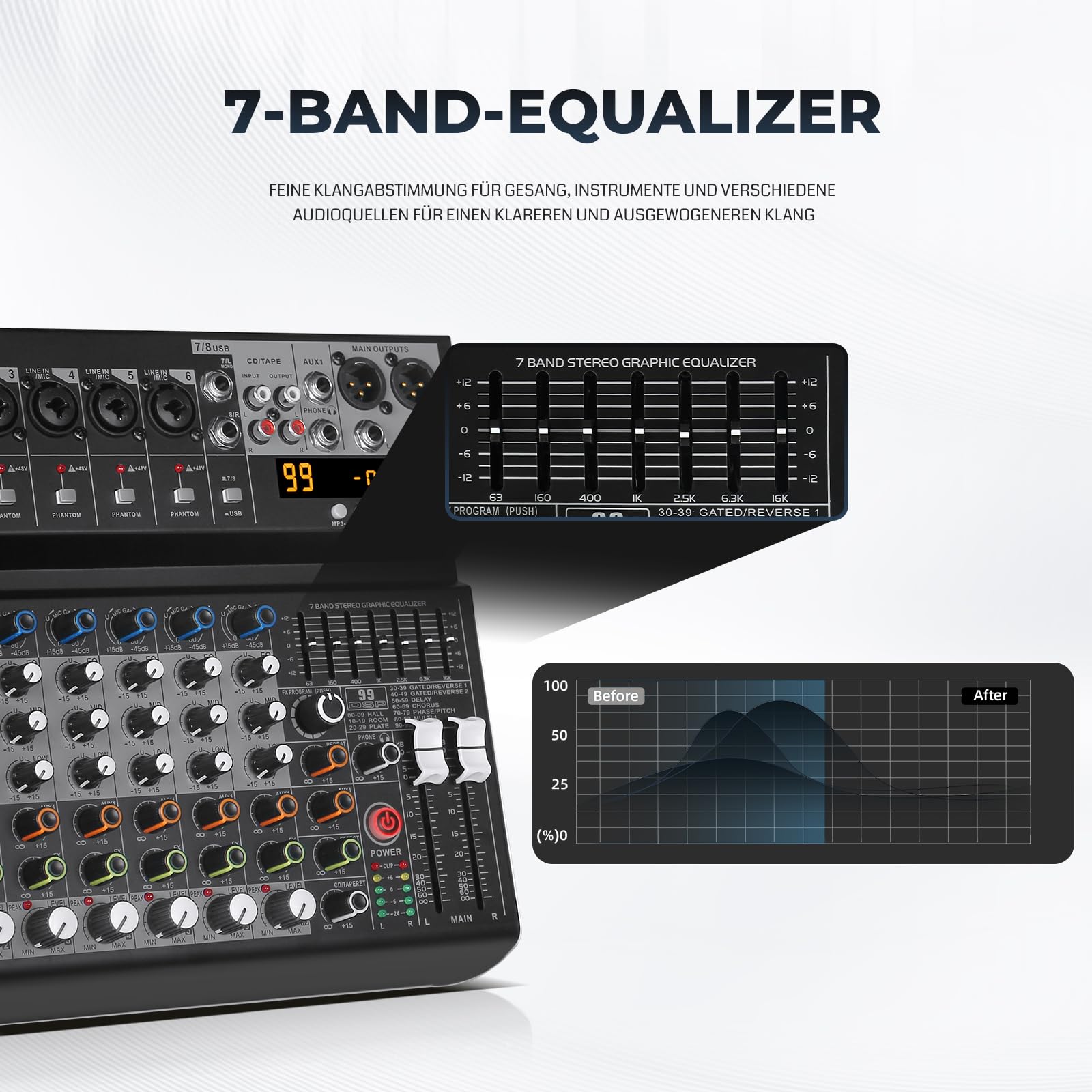 Table de mixage audio 8 canaux avec 99 DSP et égaliseur 7 bandes