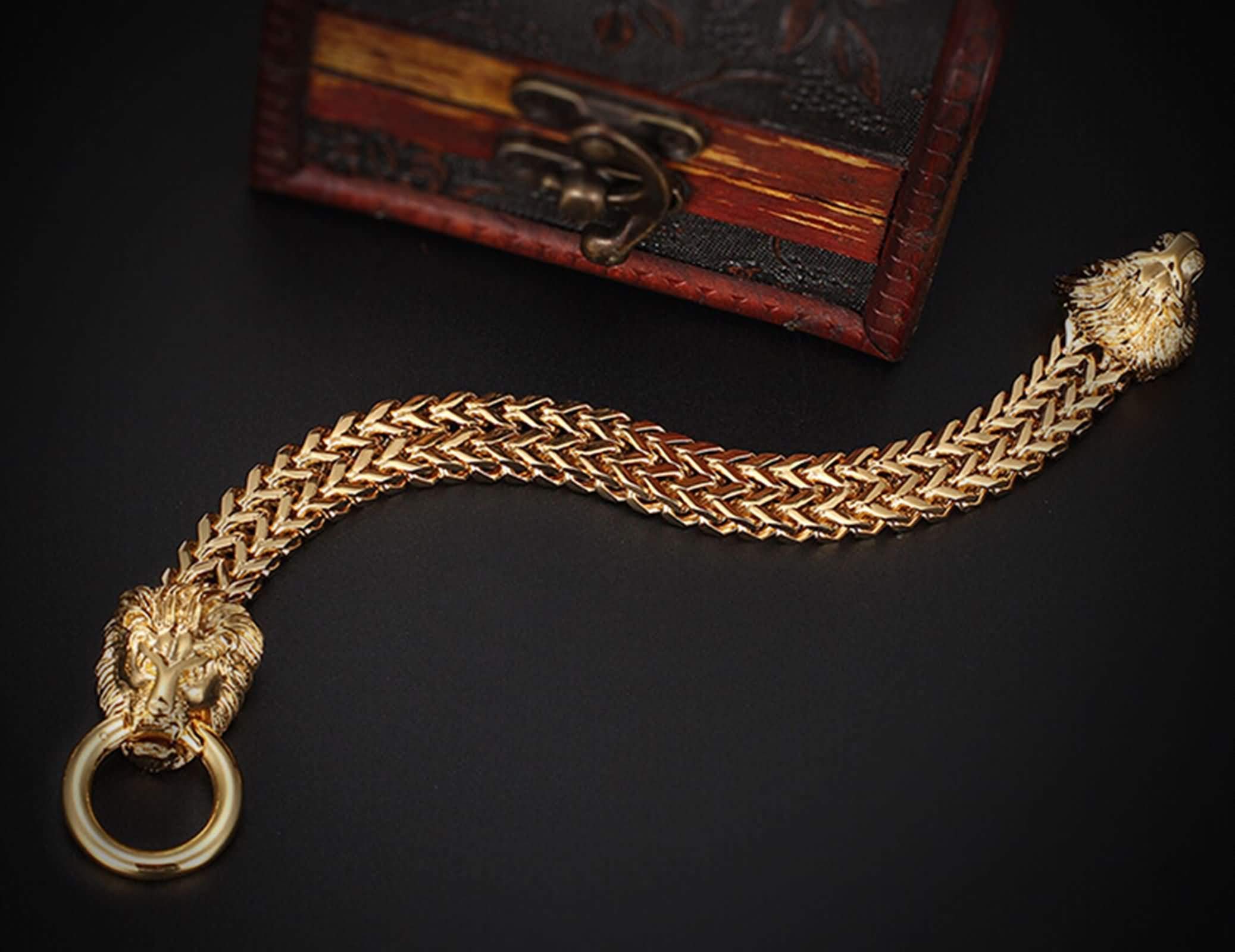 Daesar Pulsera para Hombre,Cabeza de León/Lobo/Calavera Pulsera de Acero Inoxidable para Hombre Oro
