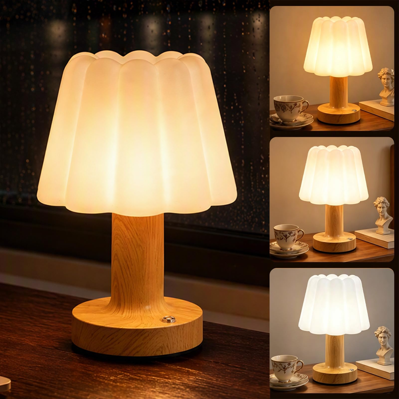 Cordless Table Lamp, 3Color Dimmable Bedside Lamp, Night Light for Bedroom
