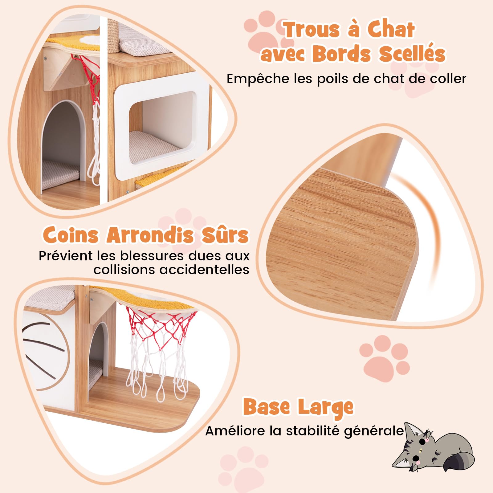 COSTWAY Arbre à Chat en Bois 120 cm - Design Sportif avec 4 Griffoir en Jute, 2 Condos, 2 Plateformes, Panier, Coussins Amovibles et Fourrure de Faux Lapin