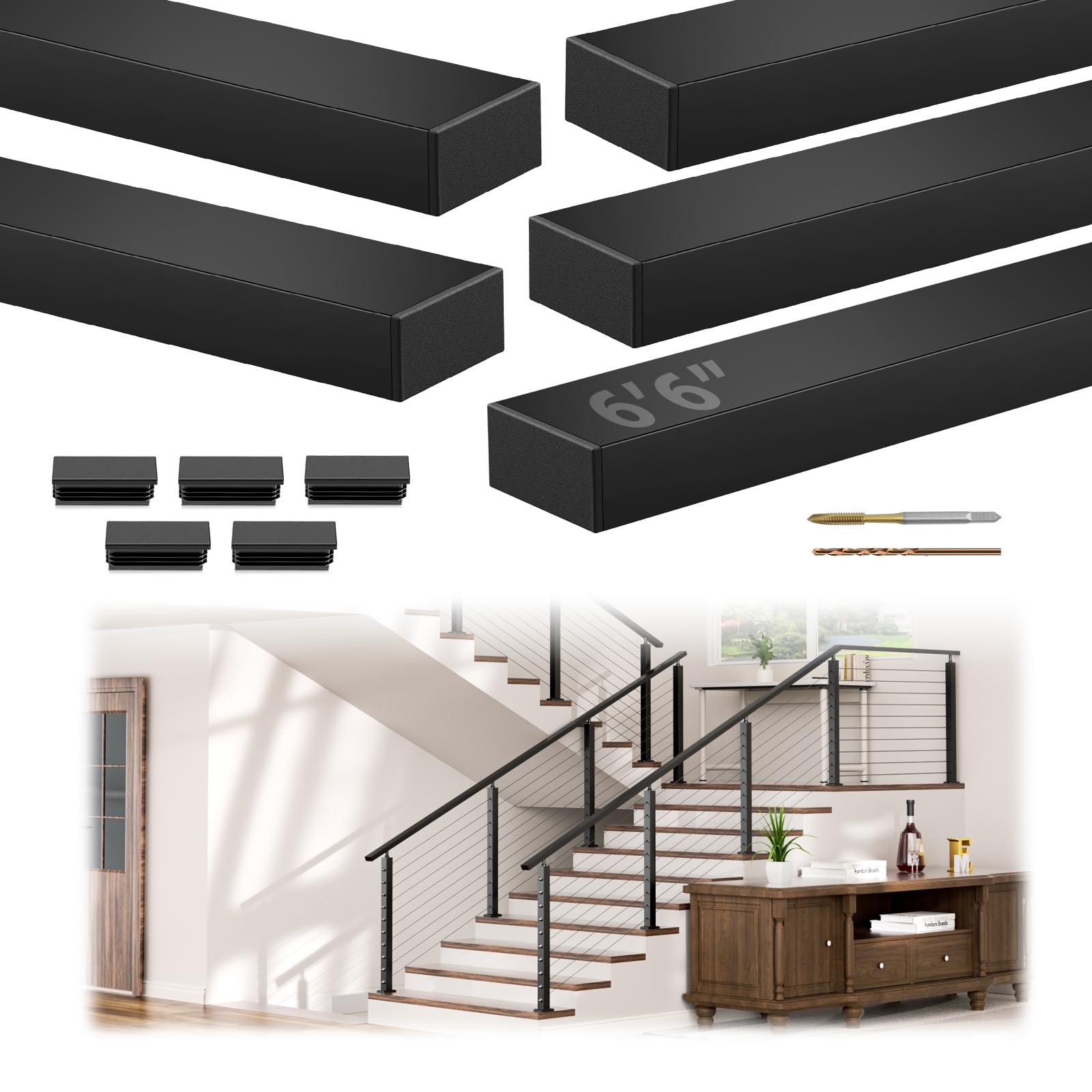 Gyykzz 6'6" Stainless Steel T304 Handrail Black, 5 Pack Cuttable Rectangular Handrail Flat Top Rail for Indoor Outdoor Deck Stair Cable Railing System