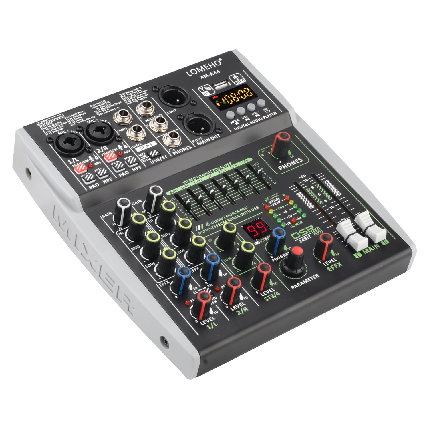 Mikser Audio, 4/6 Kanałowa konsola miksująca wejściowa 48 V 99 DSP Efekt Bluetooth Mikser DJ USB PC Odtwarzanie Nagrywanie Podcast Stół dźwiękowy AM-AX4(4 Channel)