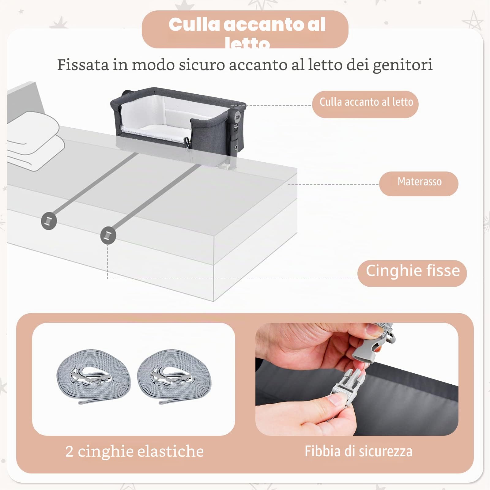 RELAX4LIFE Culla Neonato Fianco Letto, con Materasso, Zanzariera Cinghia Fissaggio, Regolabile In Altezza 7 Posizioni, Borsa di Trasporto, per Bambini 0-6 Mesi fino a 9kg (Grigio1)