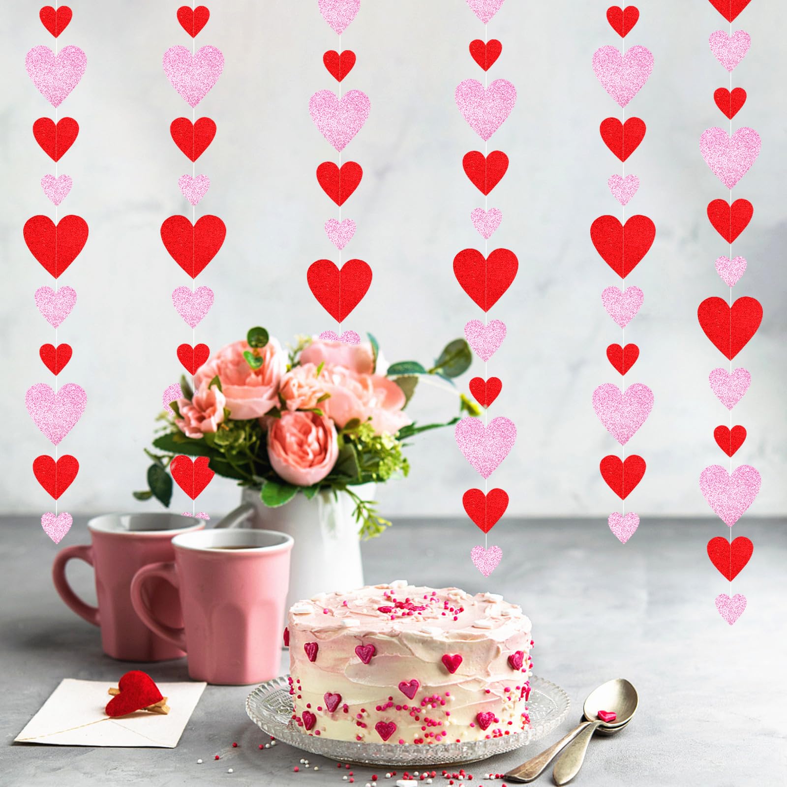 Guirnalda de corazón para decoración de fiesta del día de San Valentín, 6 serpentinas colgantes de amor rosa y rojo, romántica noche especial, baby shower, boda, aniversario, galentinas, decoración de