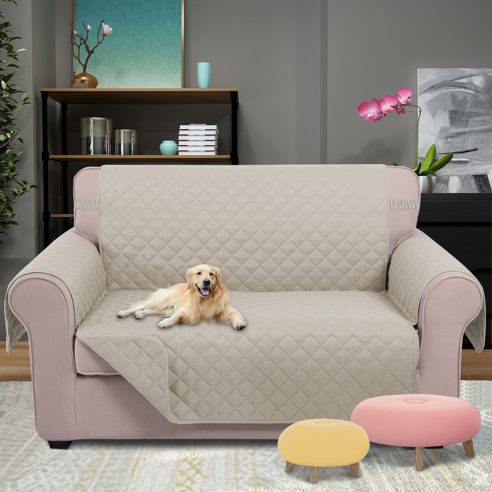 U-NICE HOME Loveseat Pokrowiec na sofę, dwustronny pokrowiec na kanapę dla psów z elastycznymi paskami, wodoodporny ochraniacz na meble dla zwierząt domowych, pokrowiec na kanapę na 2 poduszki (loveseat, kość słoniowa/kość słoniowa)