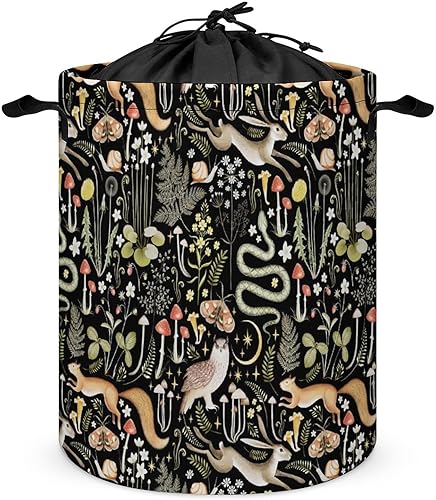 Cesta de lavandería impermeable estilo cabaña rústica con diseño de bosque, animales salvajes, búho, conejo, zorro, hongos, independiente,