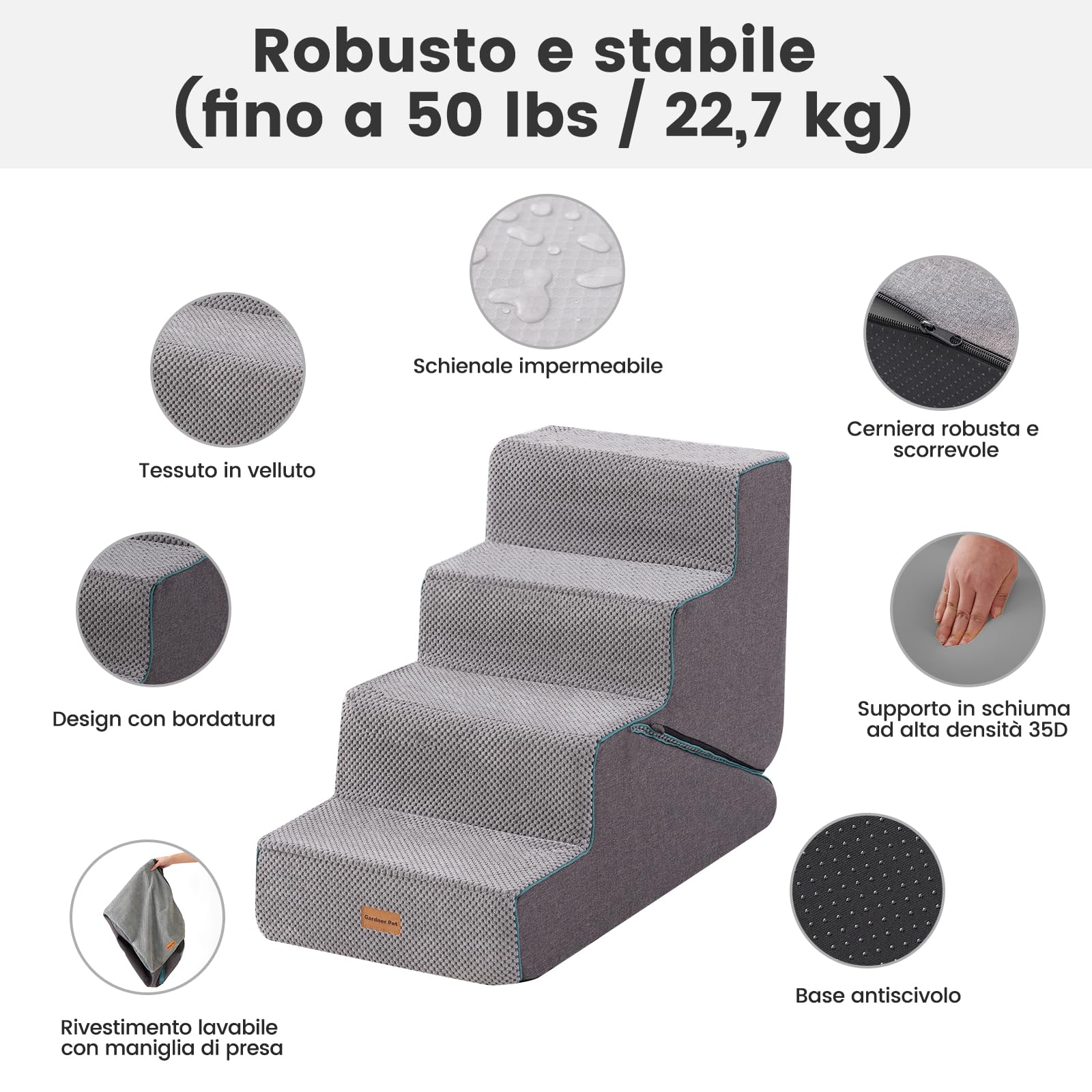 Gardner Pet scala 2-in-1 per cani piccoli, scala per cane a 4 gradini, rampe per cani in schiuma con rivestimento impermeabile e antiscivolo per letto, divano, poltrona e auto, grigio