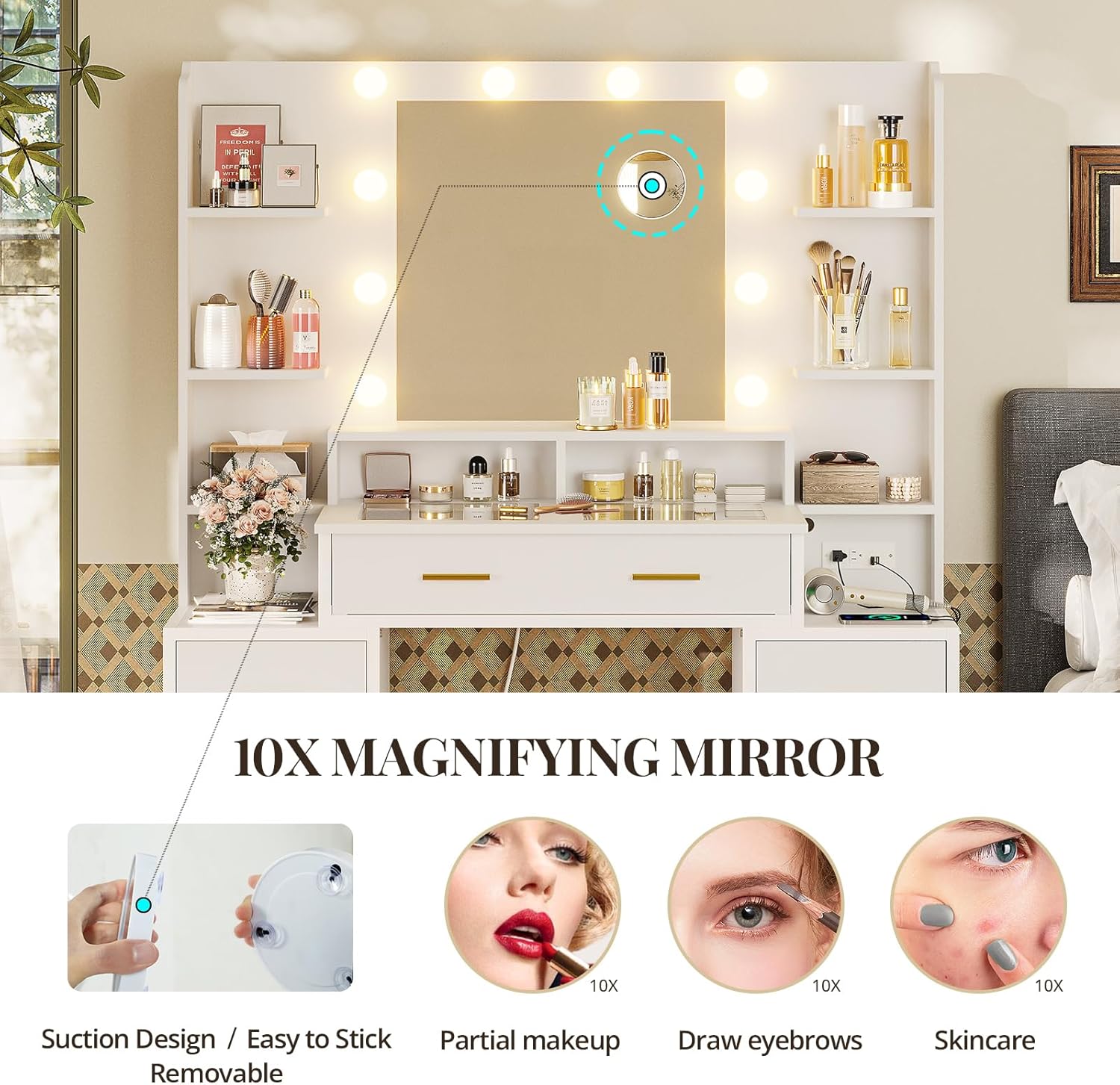 Removable 10x magnifying mirror with suction cups, shown for partial makeup, drawing eyebrows, and skincare.