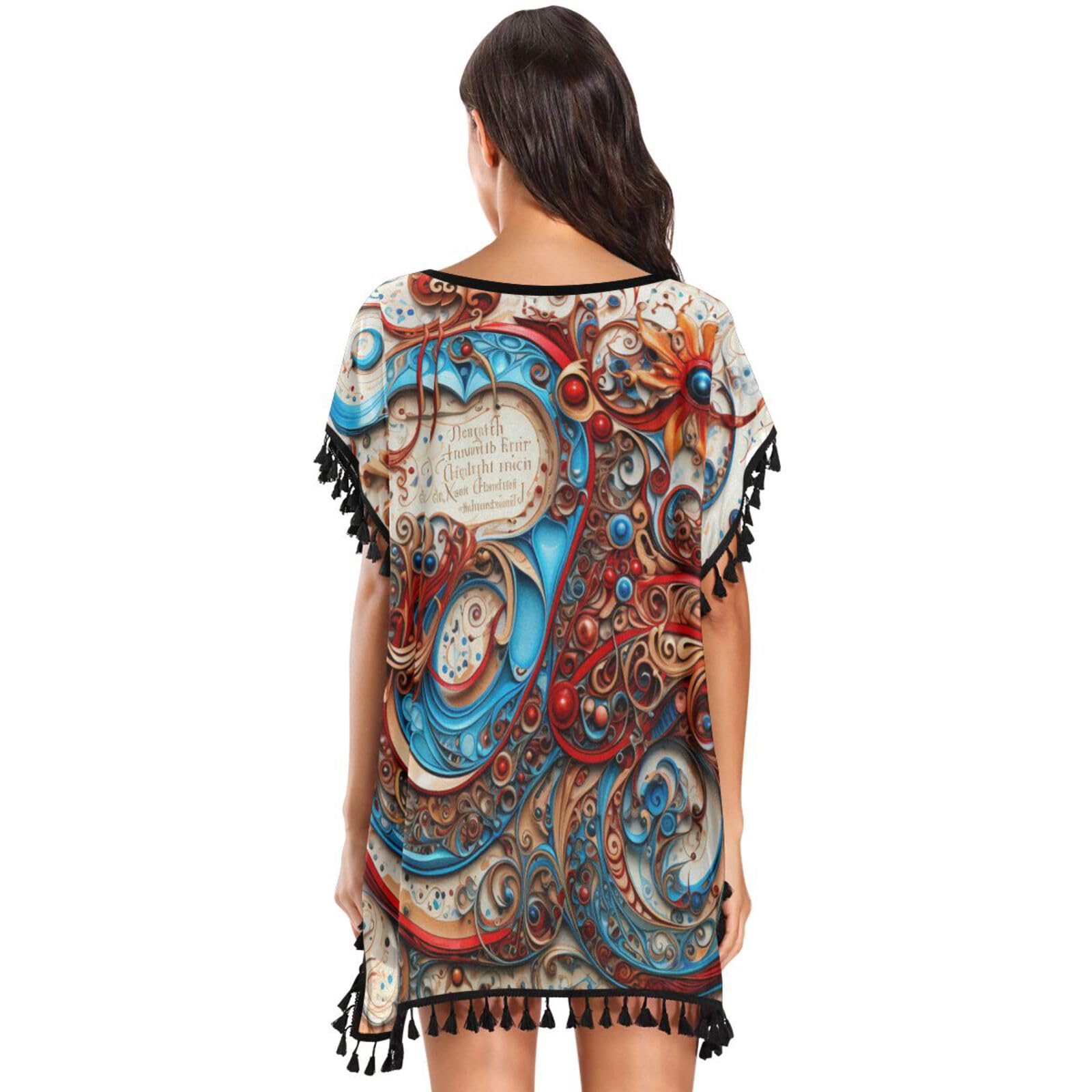 Octopus Red Abstract Art Women's Beach Cover Up Chiffon Tassel Swimwear Swimsuit Coverups for Girl