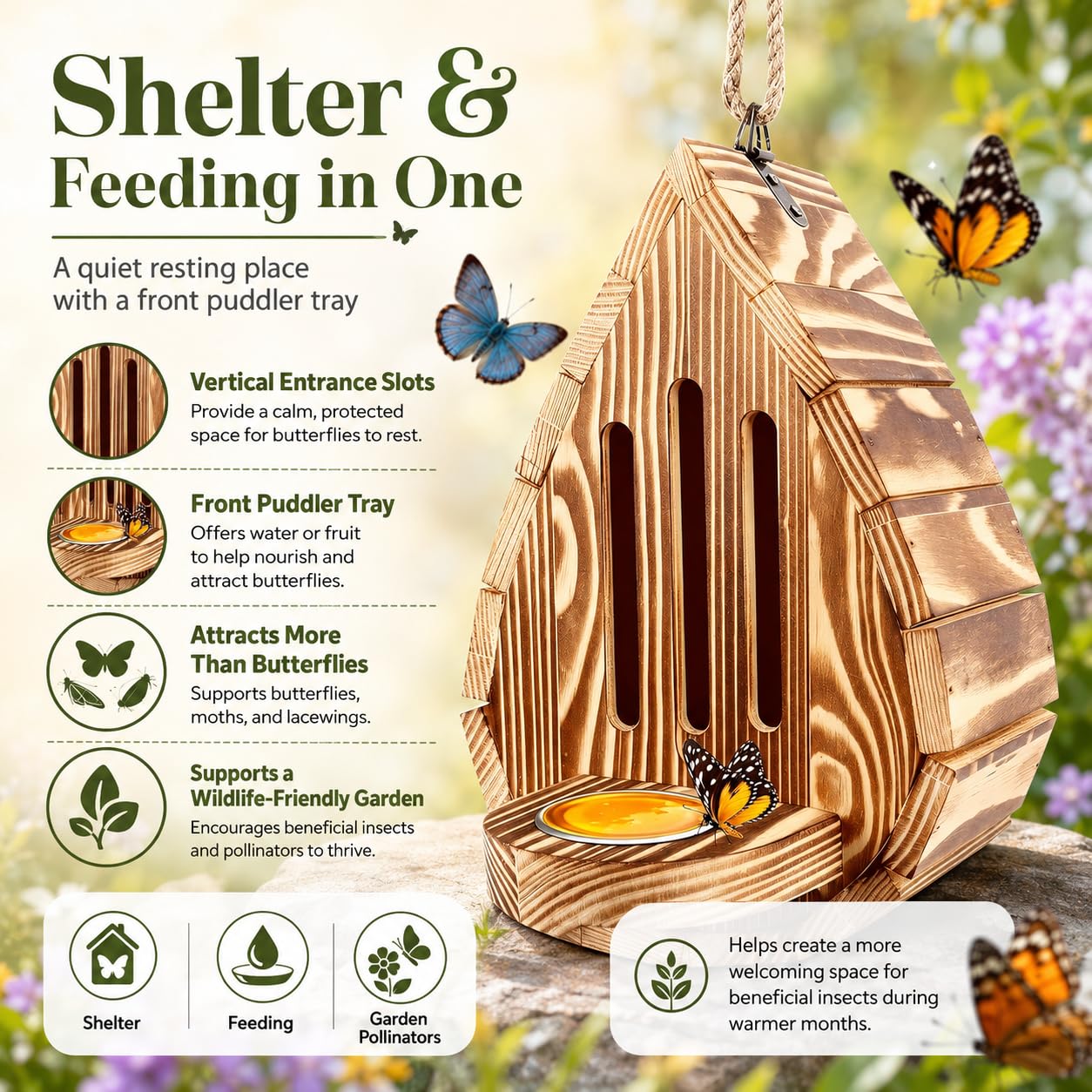 Schmetterlingshaus für den Garten, Holz-Futterstation in Tropfenform, Bienen- und Schmetterlings-Futterstation mit Puddler, wetterfeste Hofdekoration für Käfer, Motten und Florfliegen