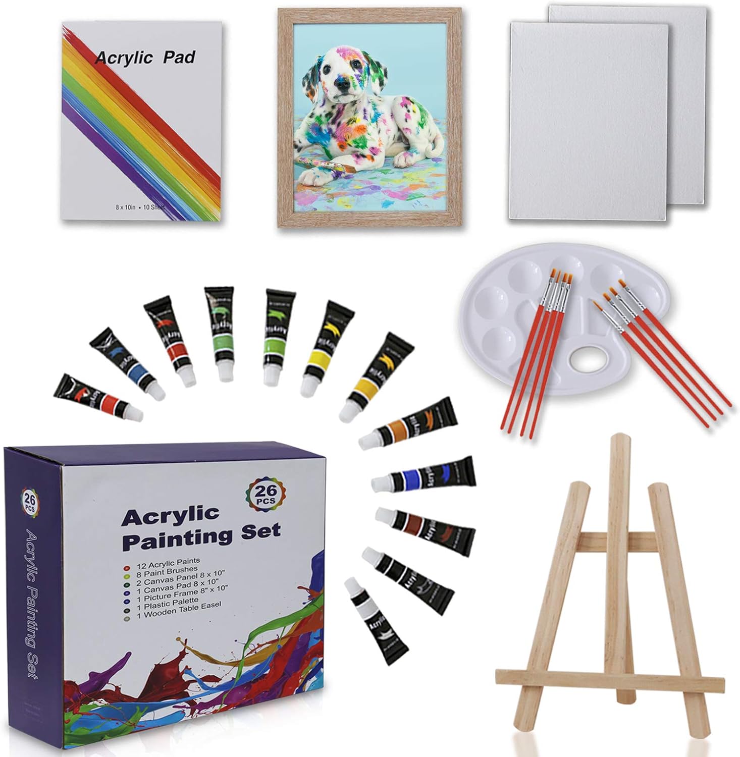 Art Painting Sets, Art Supplies for Kids, Includes Brushes, Acrylic Paints, Wood Table Easel, Palette, Pads, and Picture Frame, Professional Acrylic Paint Set for Students, Kids and Little Artists.