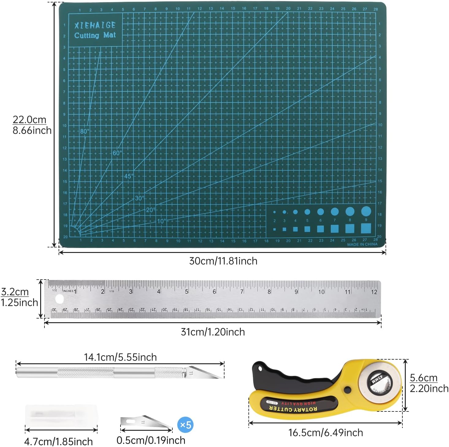 Rotary Cutter Set, 45mm Fabric Cutter, A4 Cutting Mat 11.8x8.6inch, Dual Scale Quilting Ruler and Craft Knife Set, Ideal for Crafting, Sewing, Scrapbooking, Patchworking