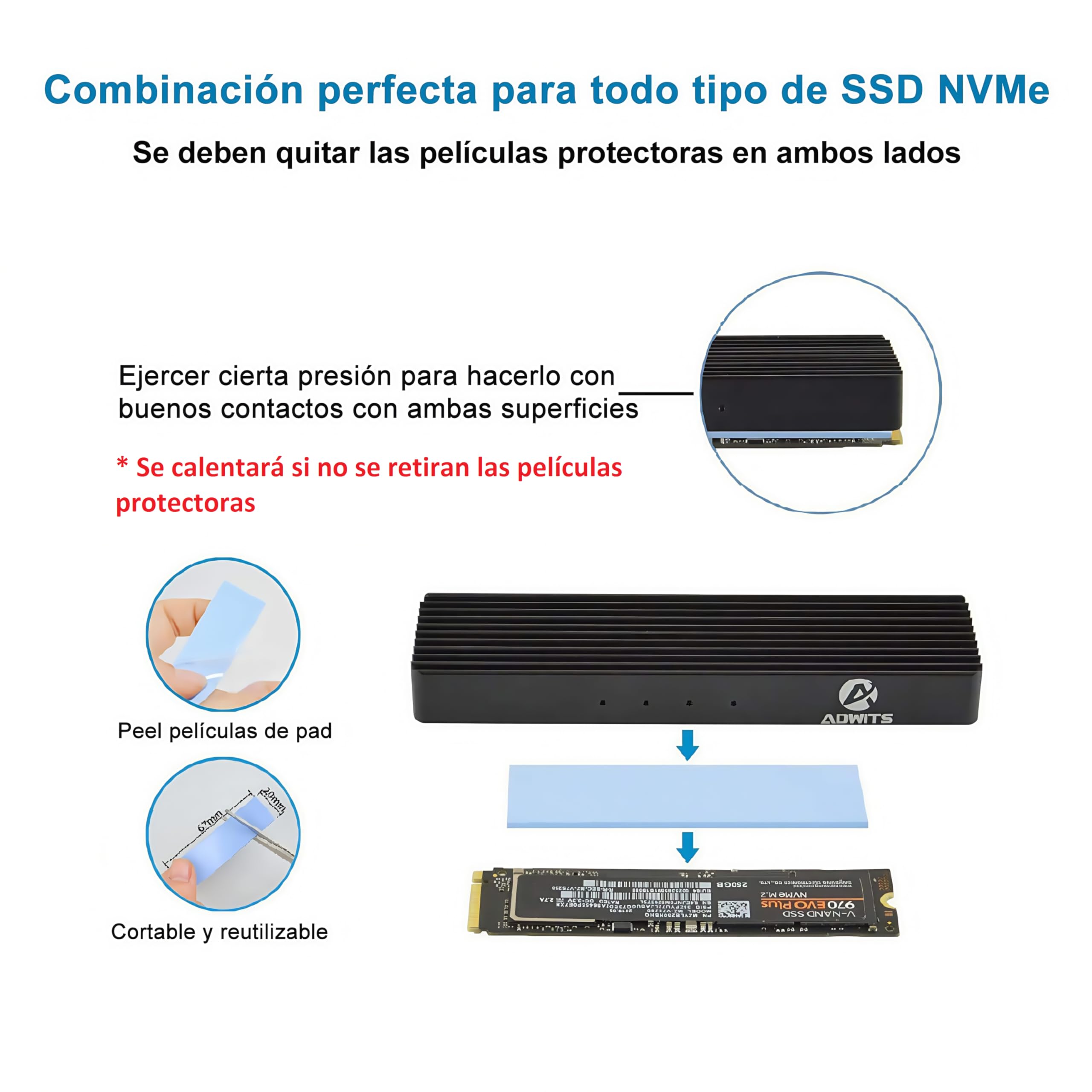 Paquete de 9 almohadillas de silicona conductoras térmicas de 0,5, 1,0, 1,5 mm de grosor, con conductividad térmica de 6,0 W/mk, suave, seguro, fácil de aplicar para SSD, CPU, GPU-Azul