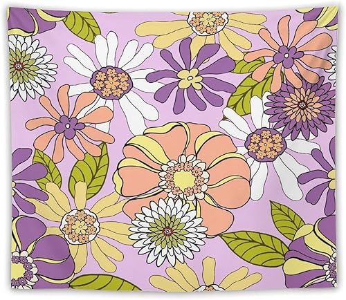 Miniatura 60 de Tapiz floral retro de los años 60 y 70, diseño hippie de primavera Groovy Flower Power Flower Boho para colgar en la pared, arte neutro para Hippie