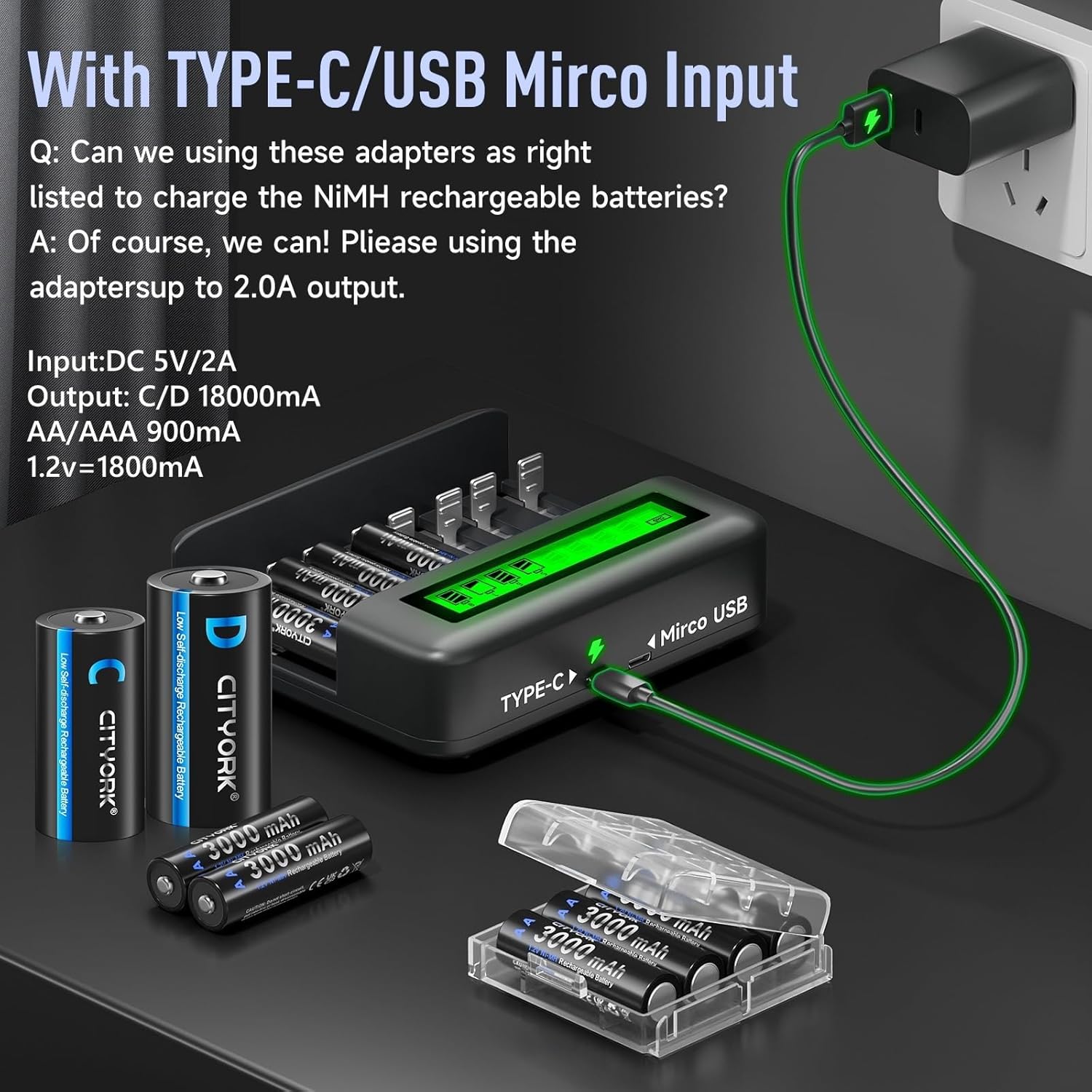 CITYORK 8 Bay AA AAA C D Battery Charger with Smart LCD Display for 1.2V AA AAA C D Size Ni-MH/Ni-CD Rechargeable Batteries(USB Cable Included)