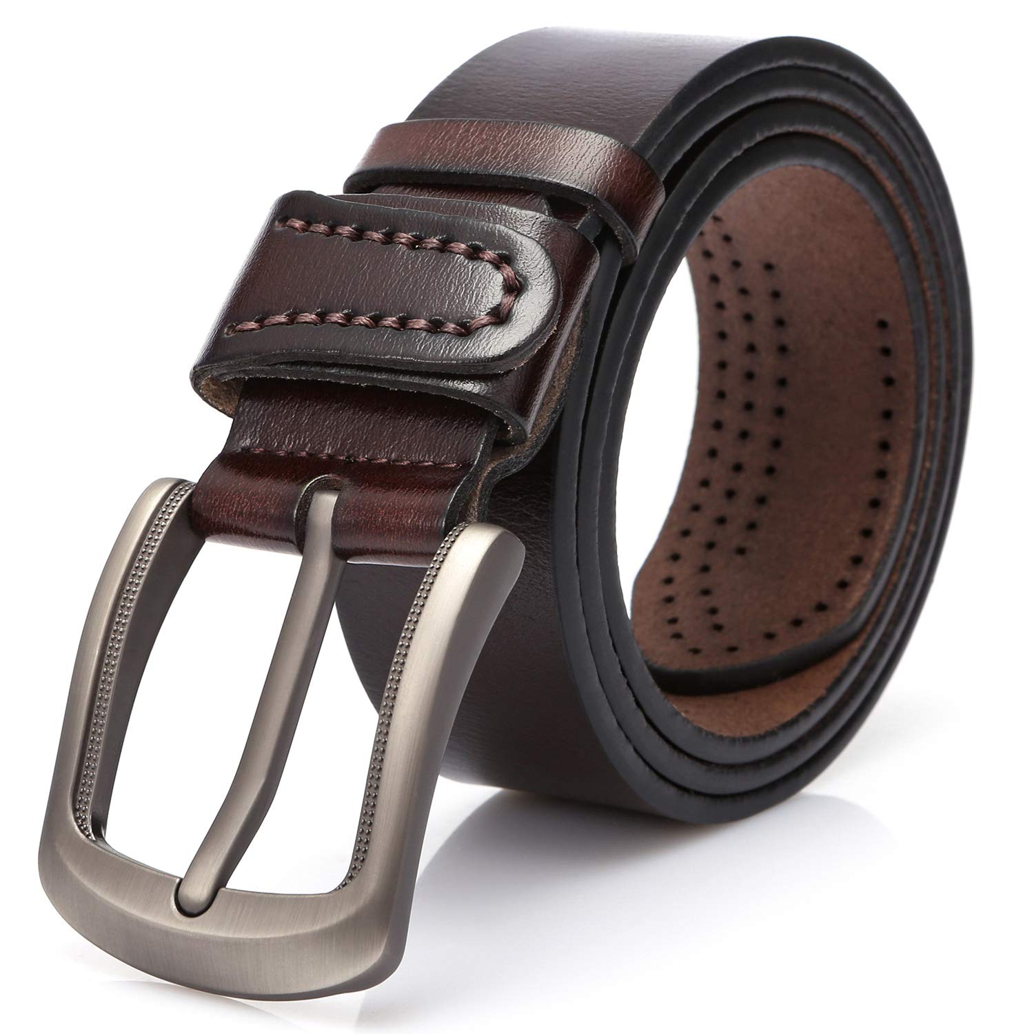 DOVAVAMens Leather Belt Anti-scratched Buckle Soft Genuine Belts for Casual Jeans Dress