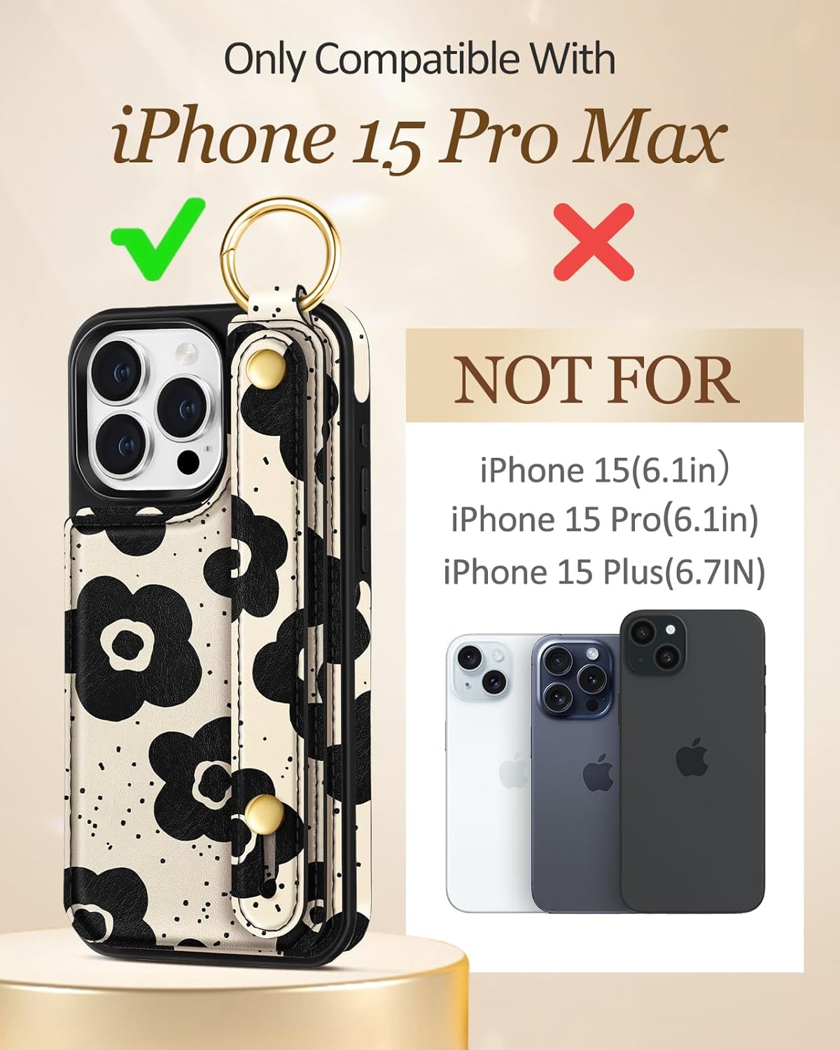 Petitian for iPhone 15 Pro Max Case with Wallet - Women Girls Cute Girly Aesthetic Unique Design with Leather Credit Card Holder Cardholder Stand Wristband for Apple 15 Promax, Black Flower - Image 2