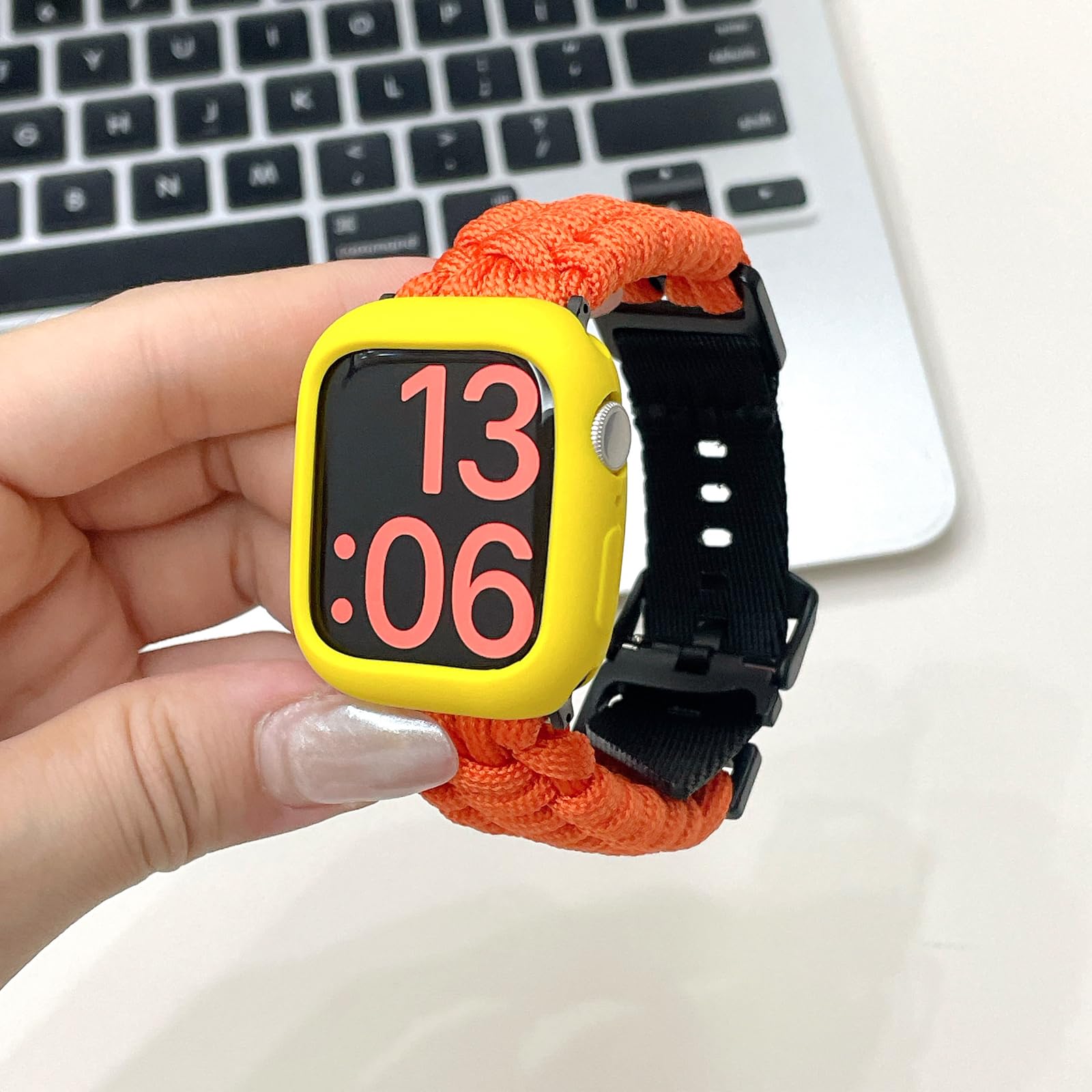 Sports Paracord and Silicone Case Compatible with Apple Watch Band 38mm 40mm 41mm 42mm 44mm 45mm 49mm 46mm,Adjustable Webbing Compatible with iWatch Series 10 9 Ultra 8 7 6 5 4 3 2 1 SE (Orange, 49mm)