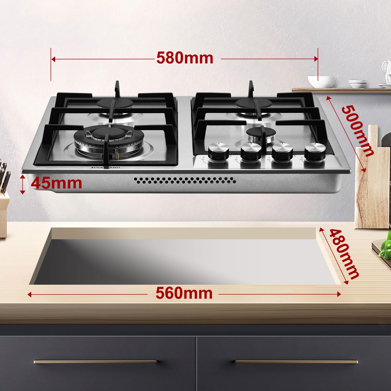 GASLAND GH60SF Plaque de cuisson à gaz encastrable en acier inoxydable, 4 feux, 60 cm cuisinière à gaz butane avec brûleur Wok, puissance 8000W, compatible LPG/Gaz naturel