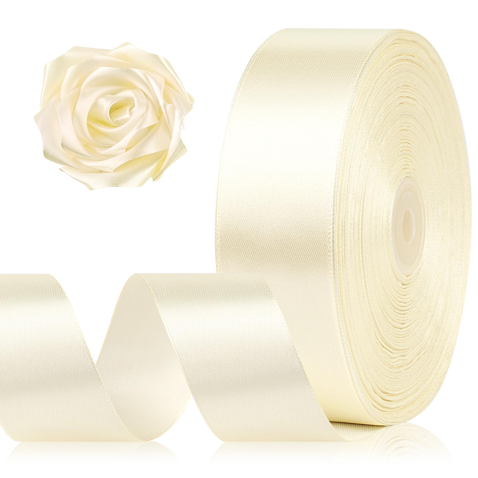Photo 1 of 1-1/2 Inch 100 Yards Ivory Satin Ribbon, Solid Fabric Ribbon Roll for Flower Bouquet, Gift Wrapping, Roses Making, Handmade Crafts