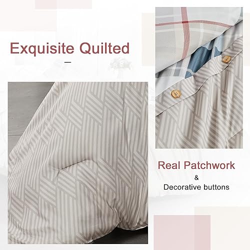 Miniatura 6 de ENJOHOS Bed in a Bag Queen - Juego de edredón de 7 piezas, color caqui, tamaño Queen con sábana, juego de ropa de cama de espiga a cuadros