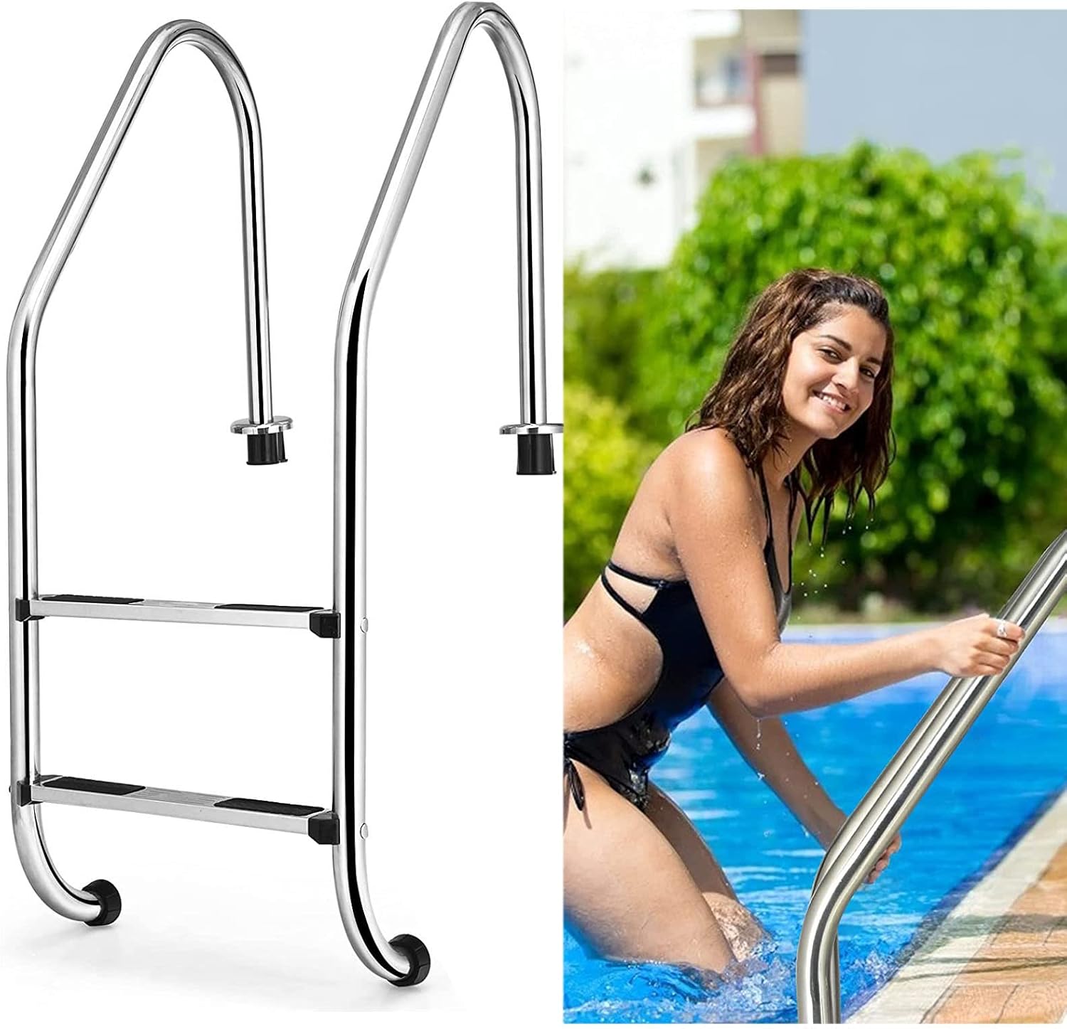 Swimming Pool Adult Handrail Swimming Pool Ladder, Pool Ladder 304 Stainless Steel Anti-Slip Rust-Proof in Ground Pools Ladder with 2 Step Pedal for Open-air Baths