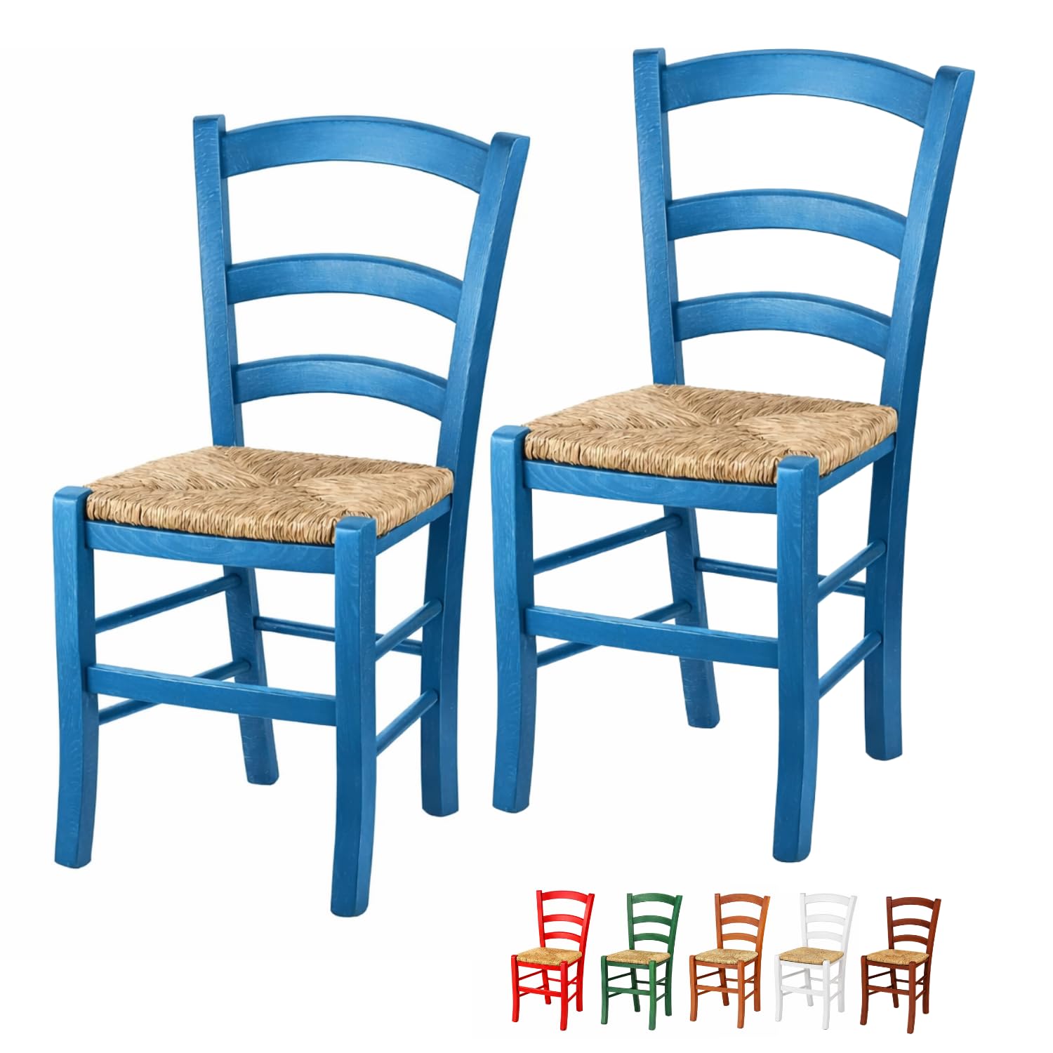 VIRSUS Set 2 Sedie Paesana in Legno con Seduta in Paglia, Misura 43x42x86 cm, Sedia Tradizionale Robusta, per Casa, Cucina, Agriturismo, Ristorante, Made in Italy (Azzurro)