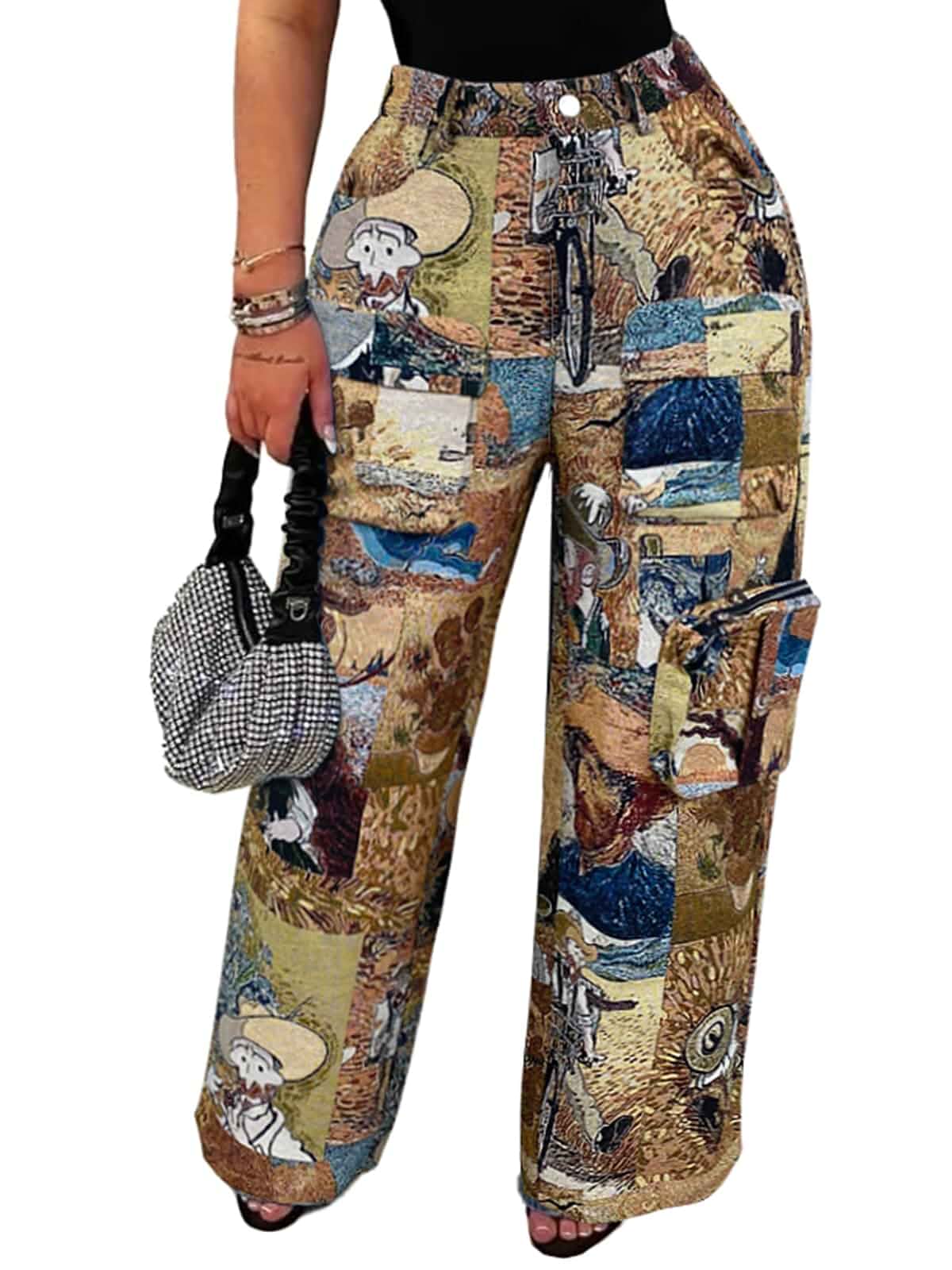 Angsuttc Cargo Pants Women High Waisted Wide Leg Trousers Patchwork Art Print Streetwear with Multi Pockets