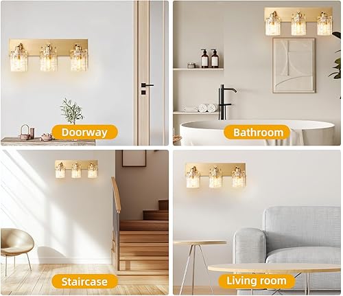 Miniatura 8 de SANKERFAN - 3 luces de cristal dorado cepillado para tocador de baño, moderna lámpara de pared de baño, lámparas de cristal sobre espejo para sala