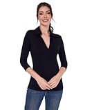 Women Collared V Neck 3&sol;4 Sleeve Polo Shirt