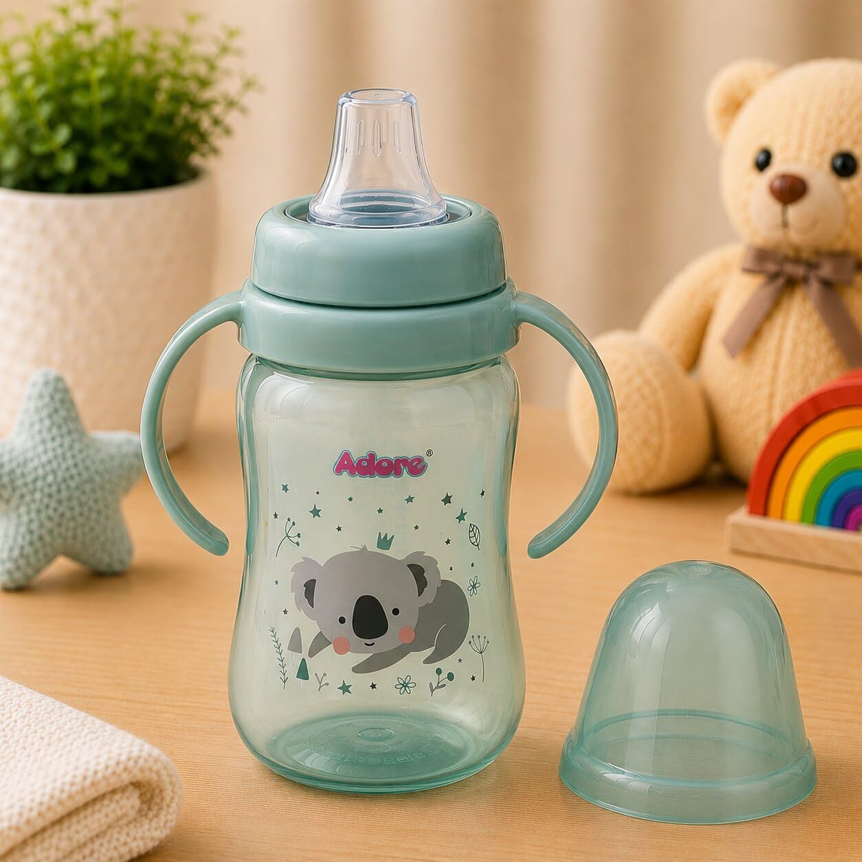 adore arro soft spout sipper cup with dust-free cap and twin handle spout sipper for baby & toddlers, 270ml (green)