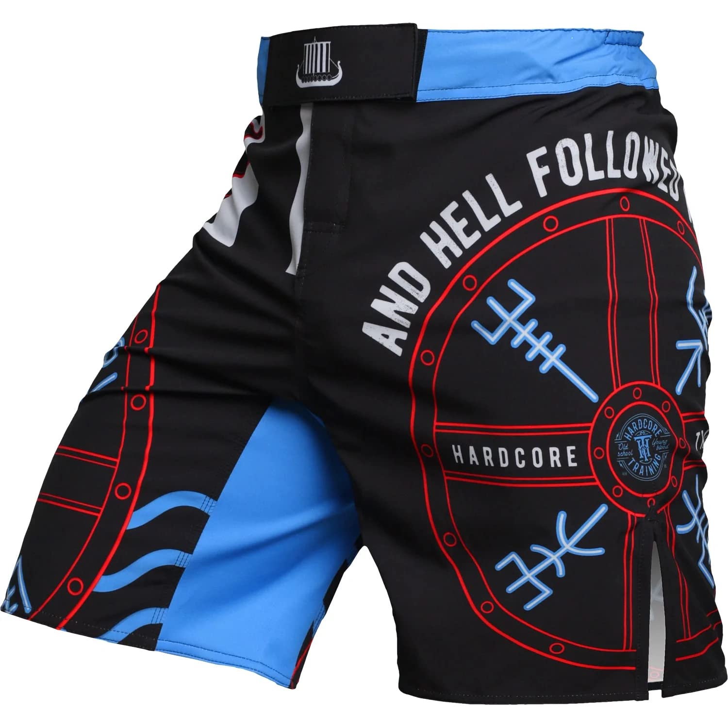 Hardcore Training Fight Shorts Boks Męski Szorty do Walki MMA Combat BJJ Grappling Fitness Muay Thai Kickboxing No Gi (DE/NL/SE/PL, Alfa, XXL, Regularny, Regularny, Czarny Niebieski)