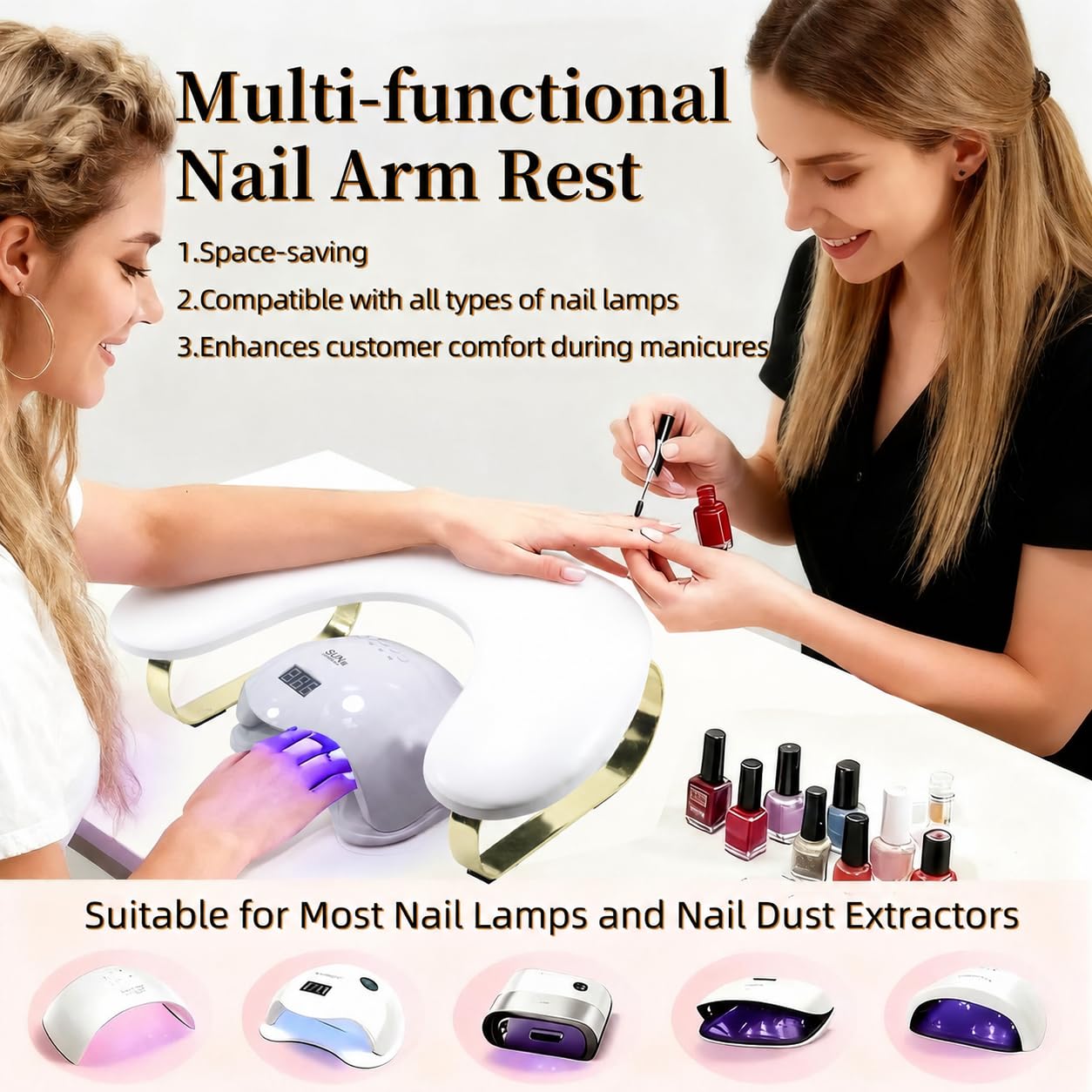 U-Shaped Nail Arm Rest with 45° Tilt and Golden Curved Stands