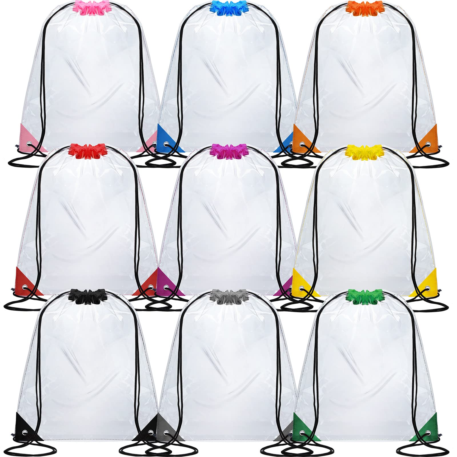 9-Piece Colorful Drawstring Bags - Stadium Backpacks with Waterproof Clear Bags, Approved for Gym, Colleges, Sport, Work, Concert & Events