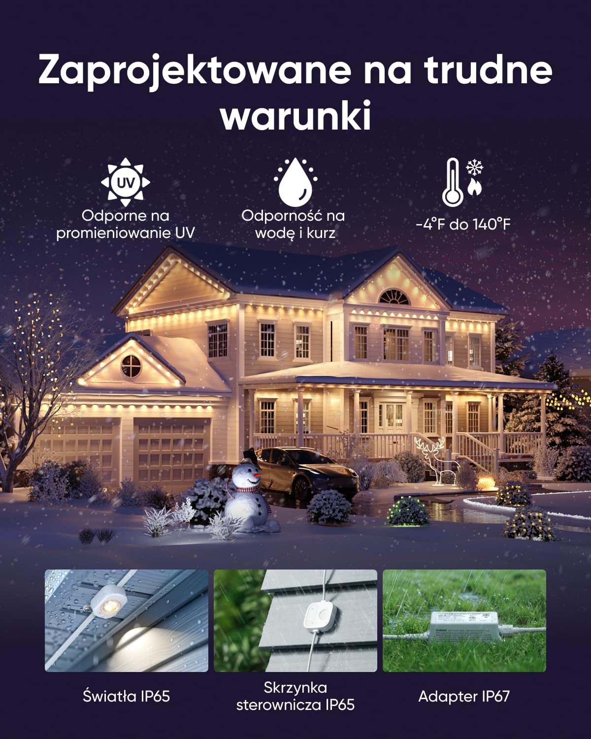 Stałe oświetlenie zewnętrzne eufy E22, 30 m z 60 potrójnymi diodami LED, inteligentne oświetlenie RGBWW, Wodoodporność na poziomie do IP67, motywy oświetlenia AI Boże Narodzenie, kompa