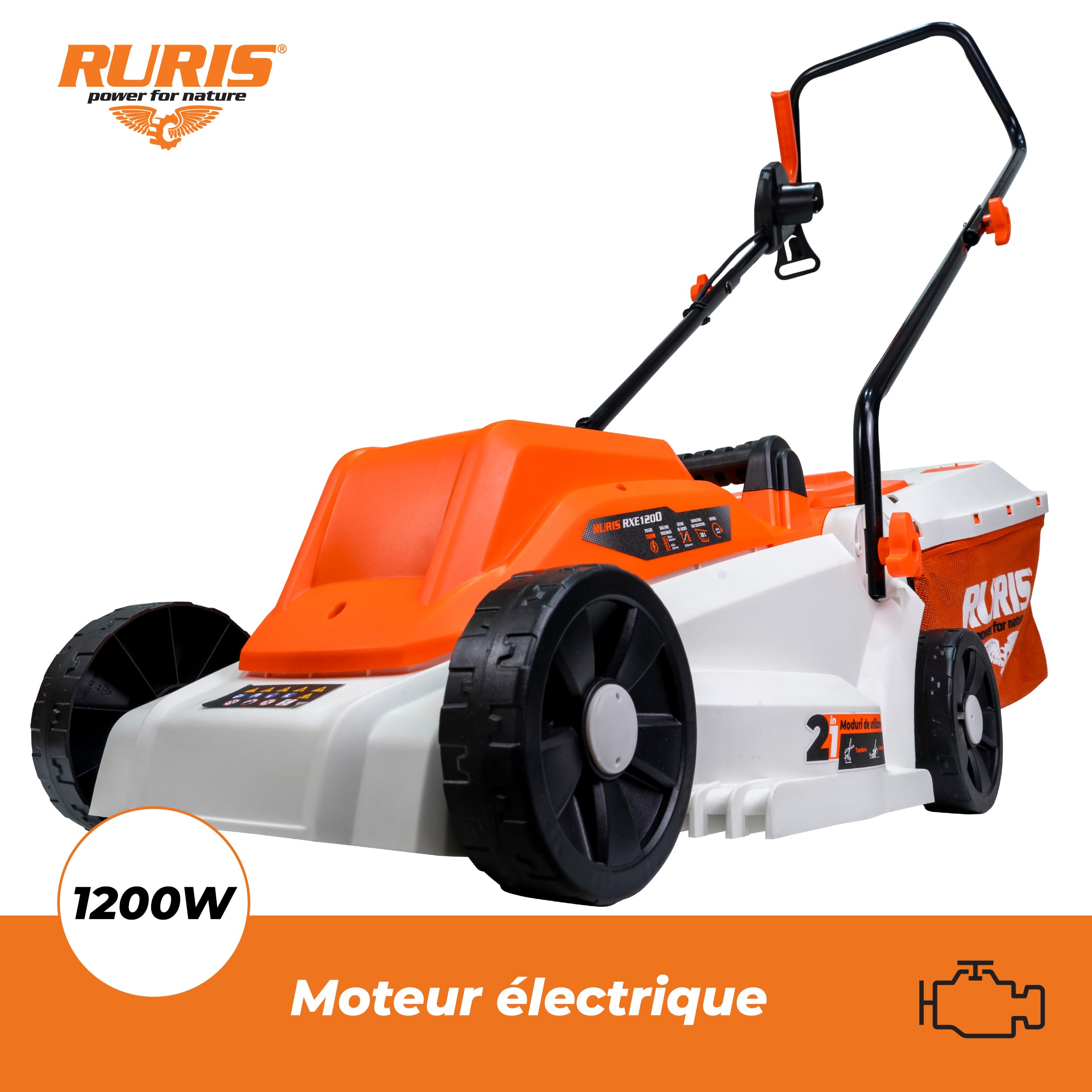 RURIS Tondeuse à Gazon Électrique RXE1200 1200W, Largeur de Coupe 320 mm, Hauteur Réglable 25/45/60 mm, Bac de Ramassage 30 L, 3100 TR/Min, Orange