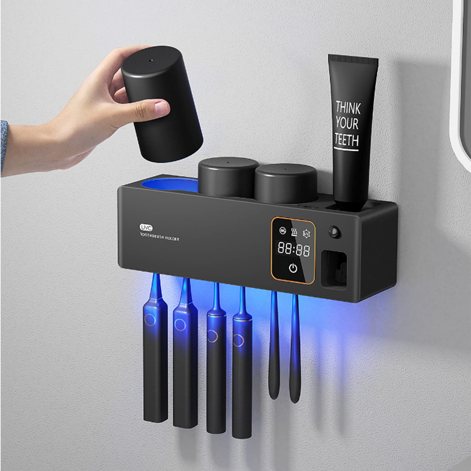 Porta Spazzolino Elettrico, Porta Spazzolino Parete, Porta Spazzolini Bagno, Sterilizzatore per Funzione di Asciugatura Multifunzione Ricaricabile USB, Nero