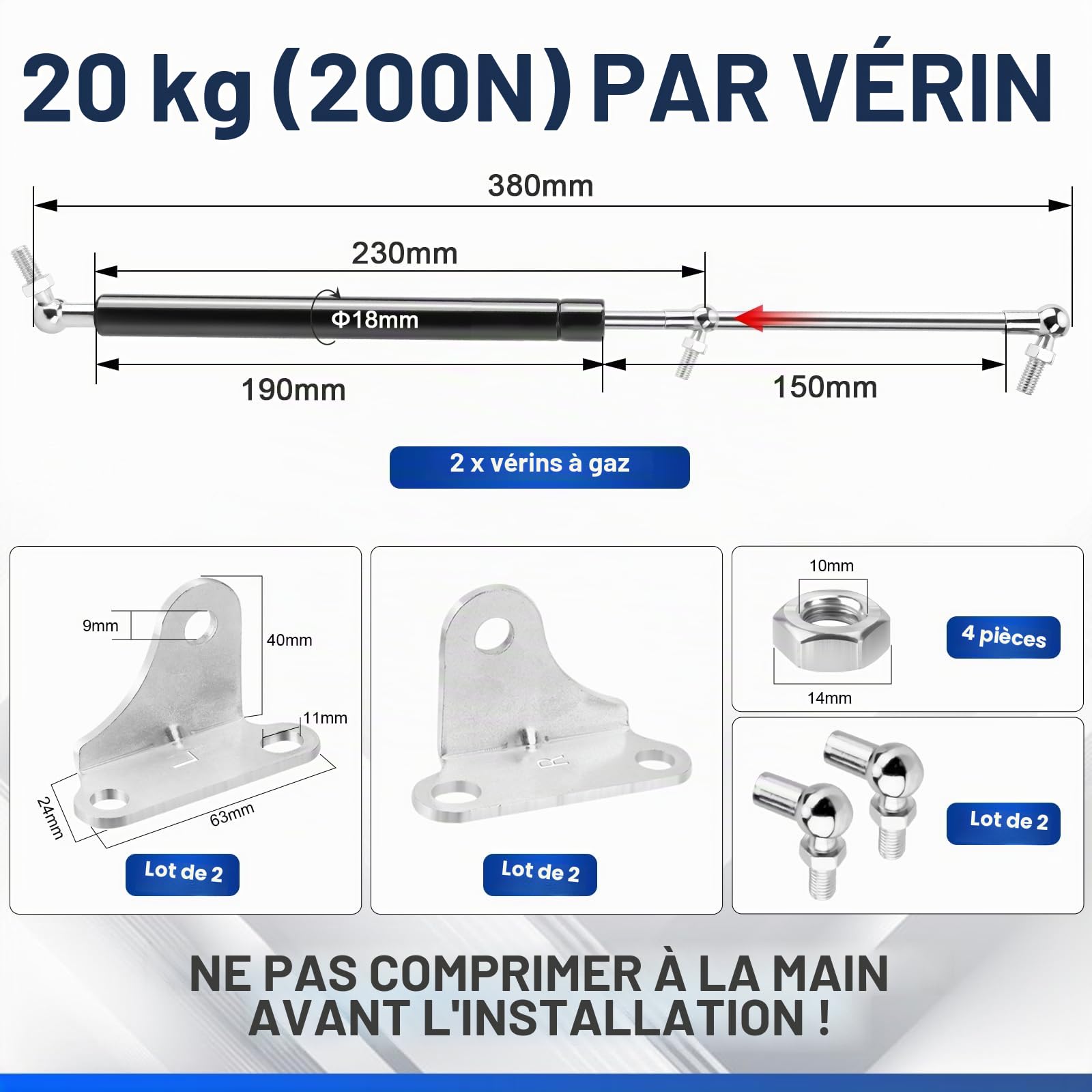 380mm 200N Verin Hydraulique, 2 Lot 20 Kg Vérins à gaz, Universel Réglable à Forte Charge Type L Vérin à Gaz, Adapté Aux Portes De Placard, Outils, Boîtes à Jouets et DIY Créatifs