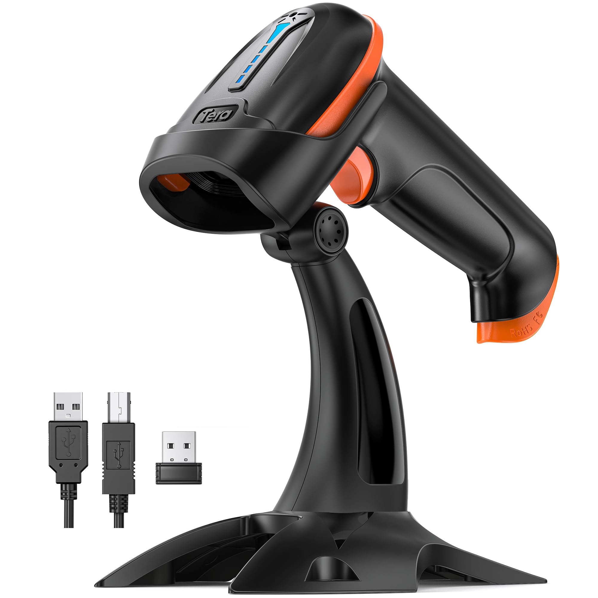 1D 2D QR Barcode Scanner Wireless and Wired with Battery Level Indicator Digital Printed Bar Codes Reader with Stand Portable Handheld Barcode Scanner Compact Plug and Play Model D5100-Z