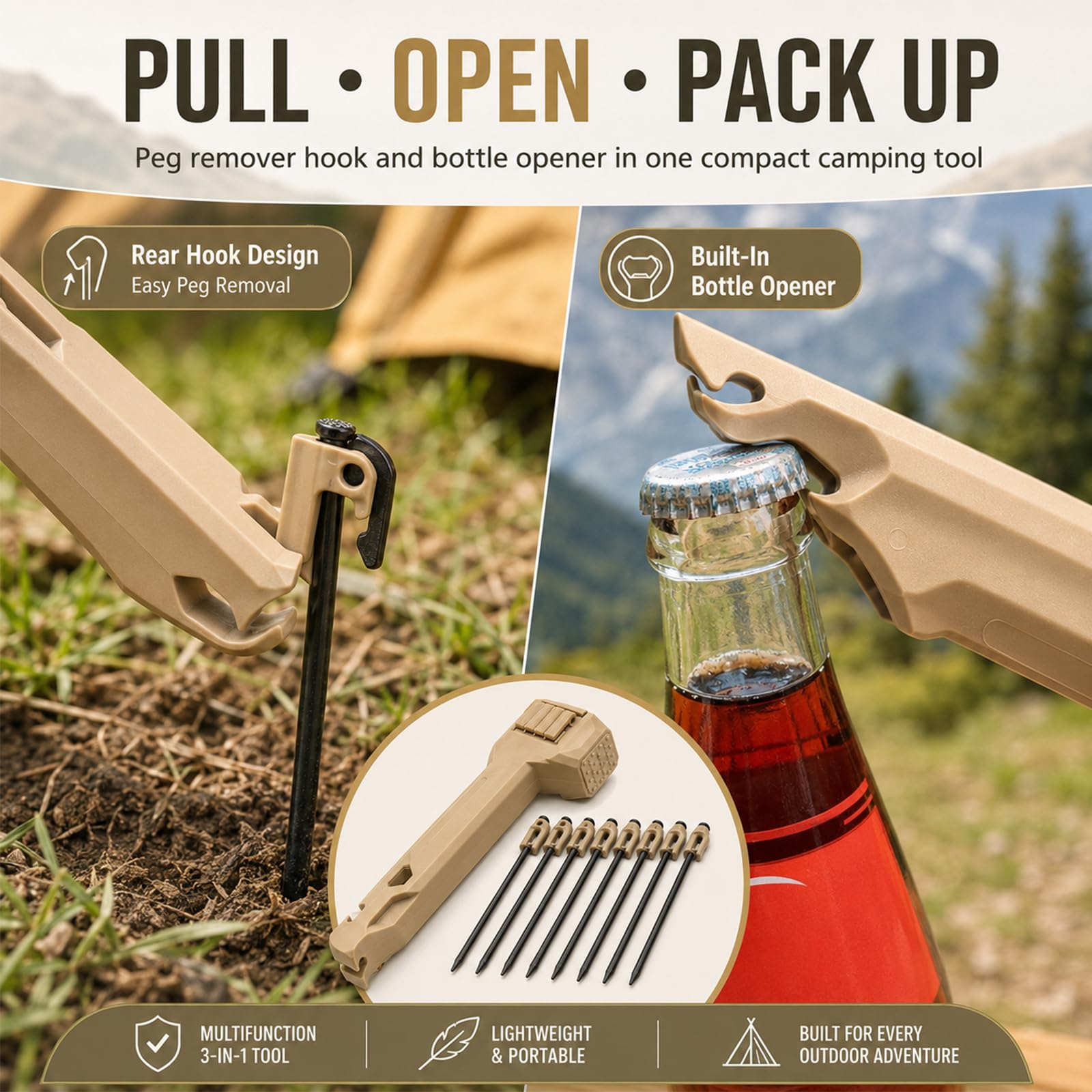 Camping Hammer With 8 Pegs, Tent Stake Driver With Peg Puller, Heavy Duty Tent Mallet, With Anti-Loss Storage Compartment, Includes 8 Steel Stakes, For Outdoor Hiking Camping Backpacking (Khaki)