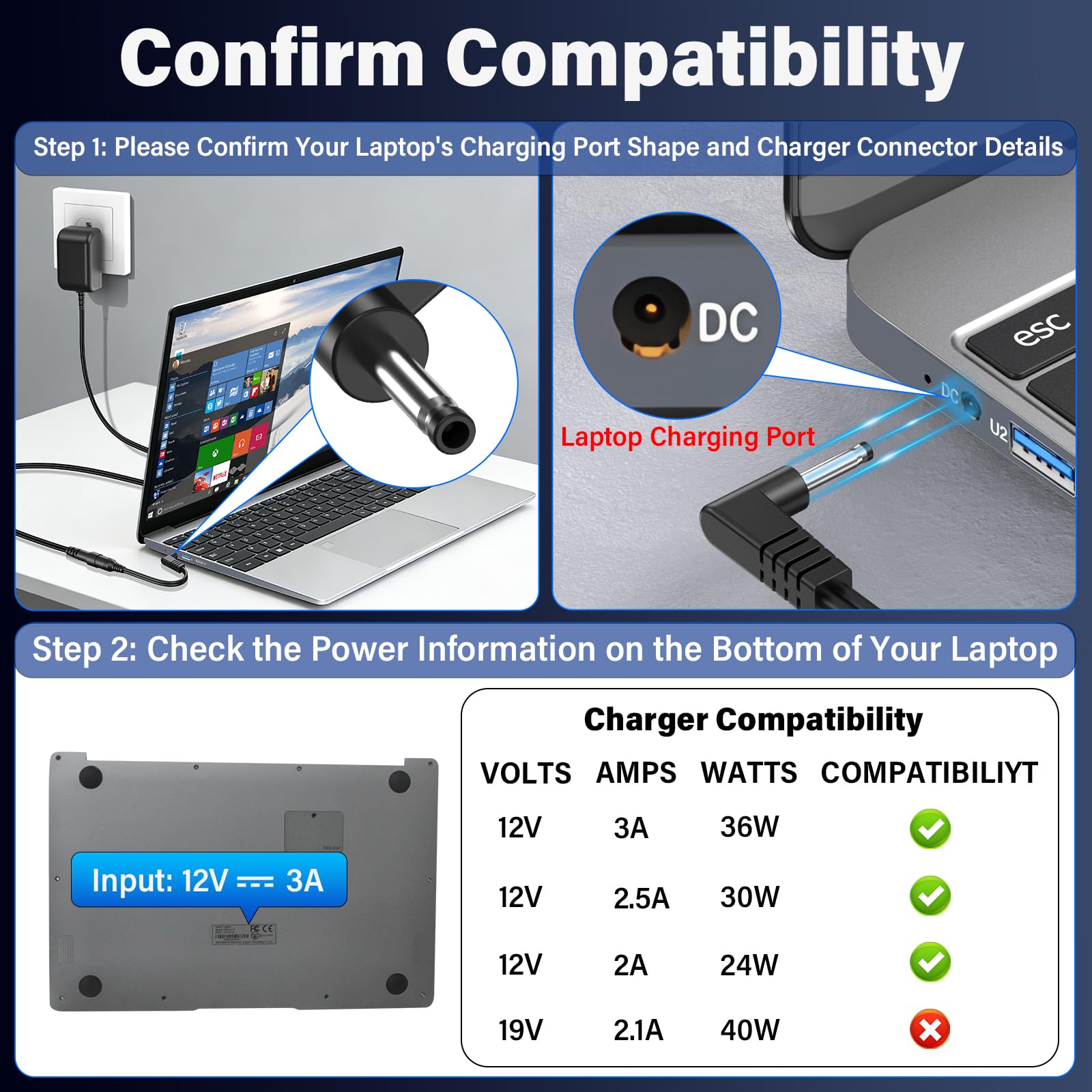 Amazon.com: 12V 3A Tablet Laptop Charger Compatible with Jumper