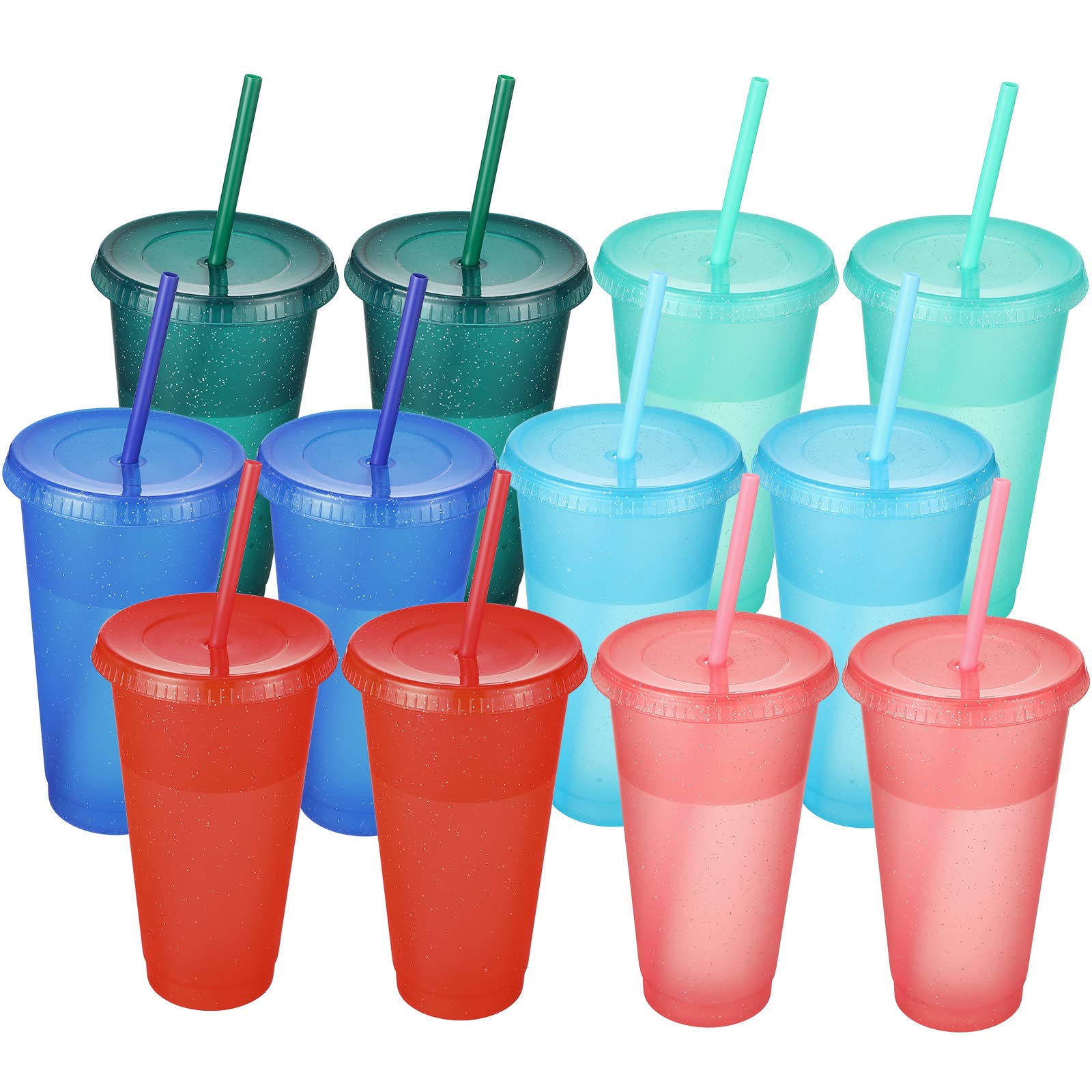 12 Packs Tumbler with Straw and Lid Water Bottle Reusable Cups Tumblers and Water Glasses Plastic Drinking Straw Tumbler Iced Coffee Travel Mug Cup for Parties Birthdays Adults (24 oz, Bright Color)