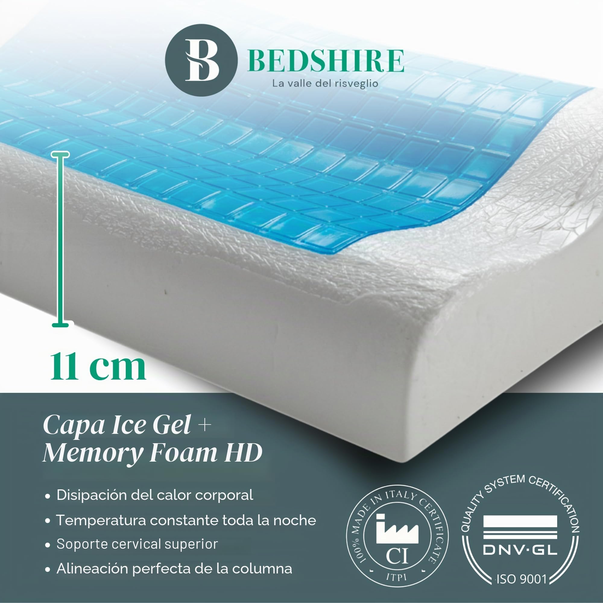 Bedshire Pillow - Almohada cervical, almohada ortopédica para cuello, de espuma viscoelástica HD, funda de algodón desenfundable con gel termorregulador y lados transpirables, 13 cm de altura