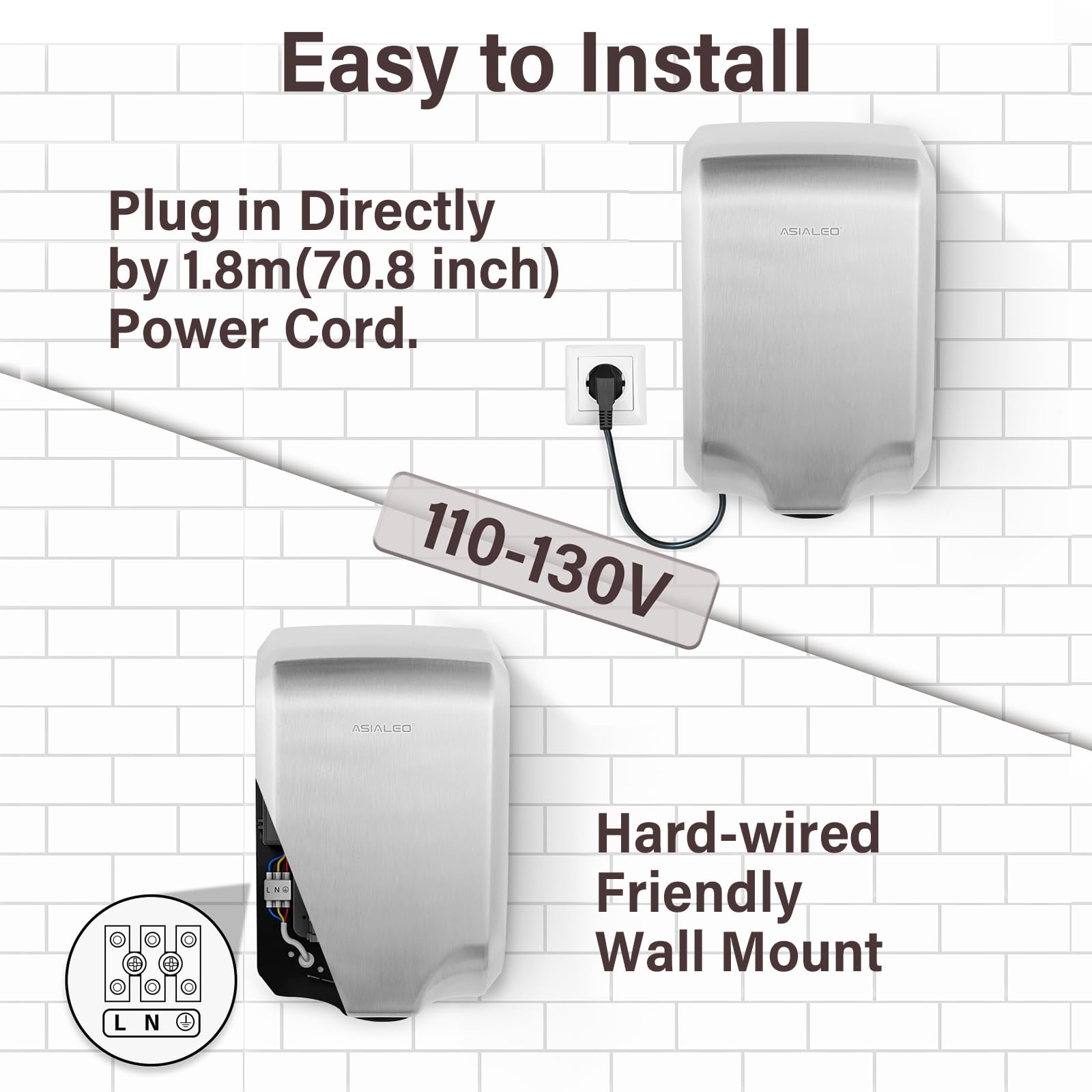 Secador de Manos eléctrico automático Fino y Compatible con ADA para baños o baño, Interruptor de Encendido y Apagado, Alta Velocidad, Cubierta cepillada SUS304, Montaje en Pared.
