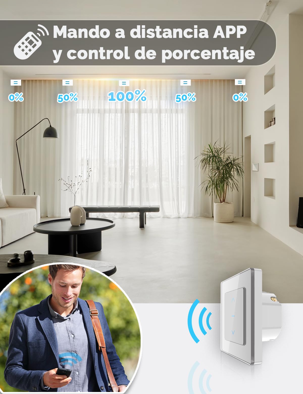 MOES Interruptor inteligente de persiana inalámbrica, control de porcentaje de persianas, interruptor táctil Alexa, persiana inteligente, obturador con aplicación Smart Life/Tuya, Alexa/Google home
