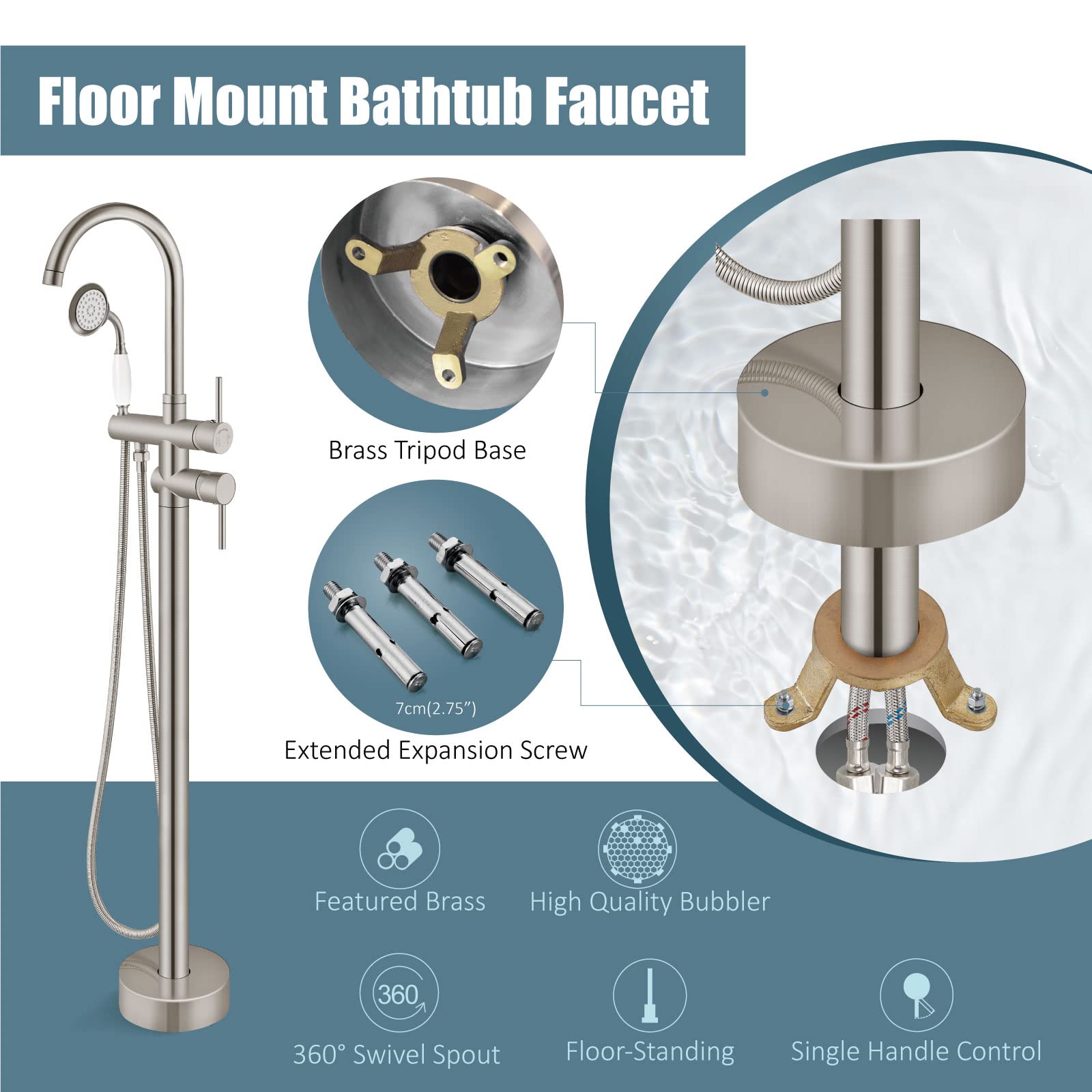 Aolemi Brushed Nickel Freestanding Bathtub Faucet Floor Mount Tub