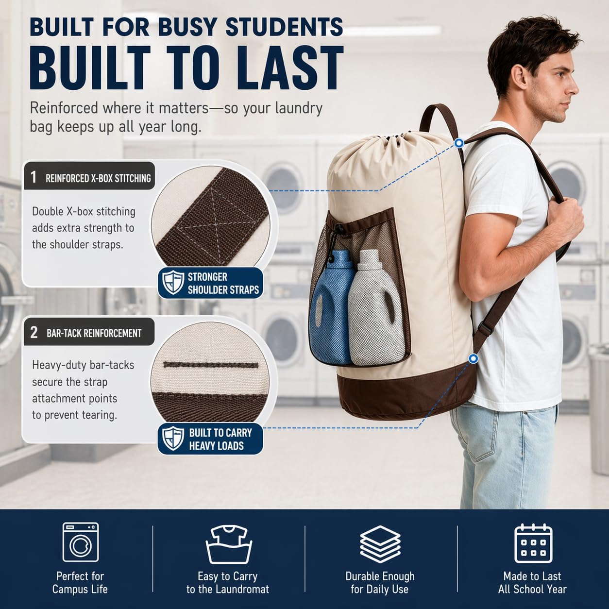 Canvans Laundry Bag Backpack, Large Travel Laundry Bag with Shoulder Straps, Drawstring Closure & Mesh Pocket, Clothes Hamper for Dorm, Travel, Laundromat (Khaki)