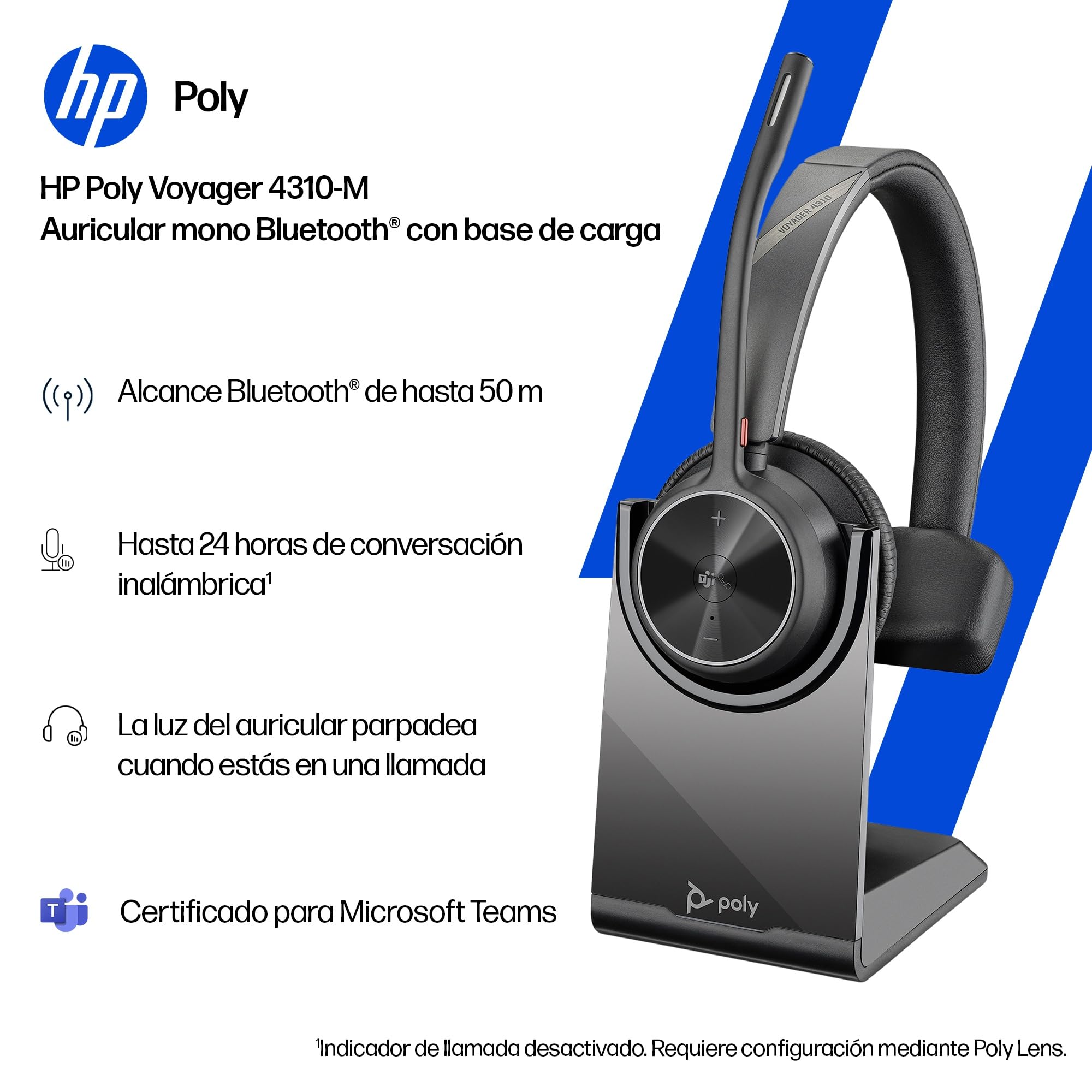 Auricular inalámbrico y soporte de carga Poly Voyager 4310 UC - Auricular Bluetooth monoaural con micrófono de brazo con cancelación de ruido - Conéctalo a PC/dispositivo móvil - Teams (certificado)