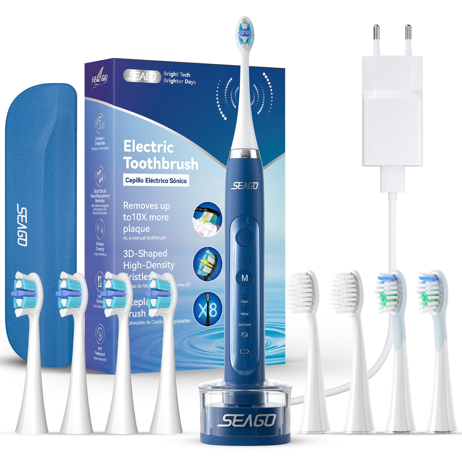 Seago Cepillo de dientes eléctrico con base de carga inalámbrica, cepillos de dientes ultrasónicos y estuche de viaje, temporizador de 2 minutos, 3 modos, 3 intensidades, 8 cabezales de cepillo, SG