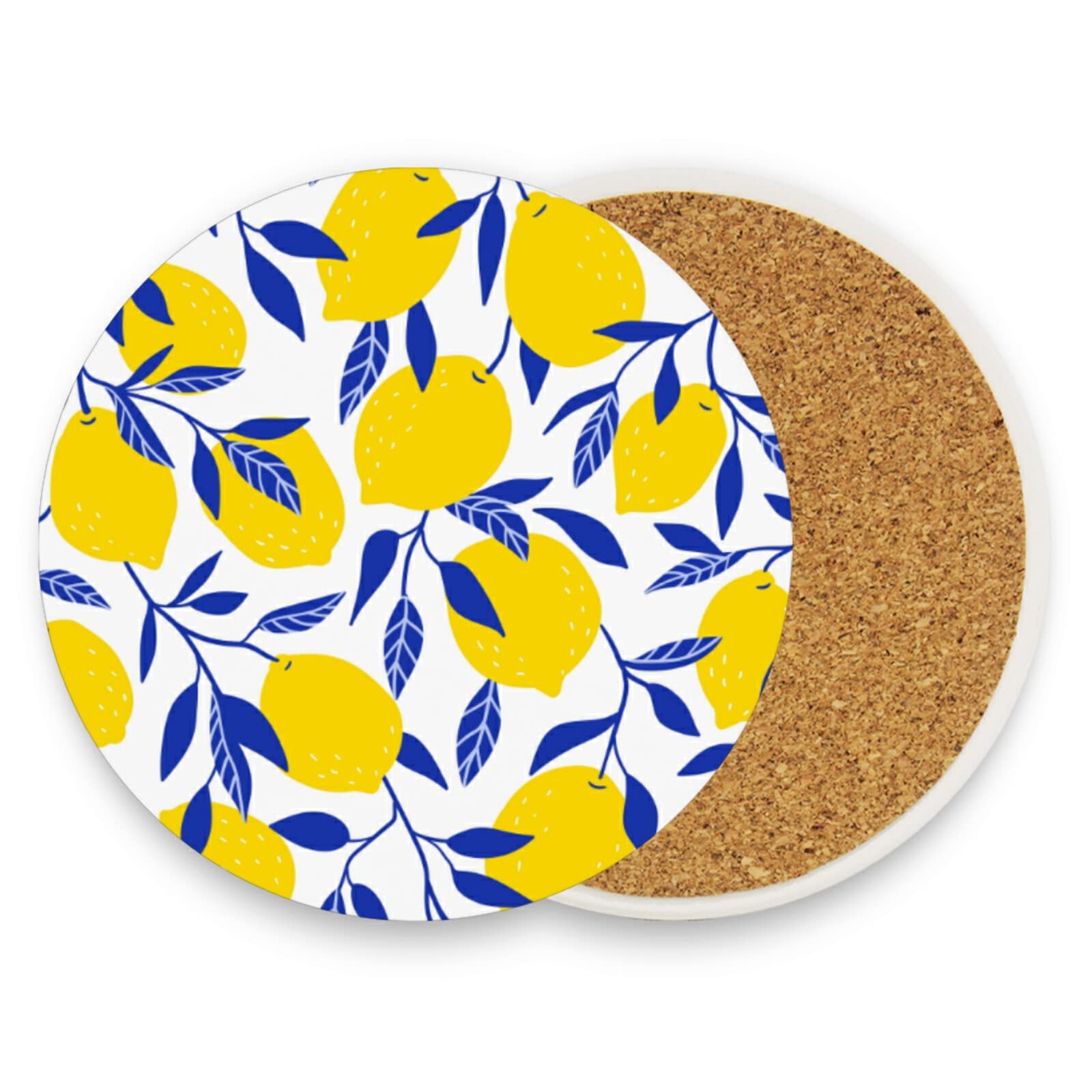Poeticcity Seamless Tropical Yellow Lemons Blue Leaves on White 4 PCs Ceramic Mug Coaster for Drinks, Stone Coasters Holder with Cork Base, Oversize Cup Mat Pad for All Mugs, Housewarming Gift